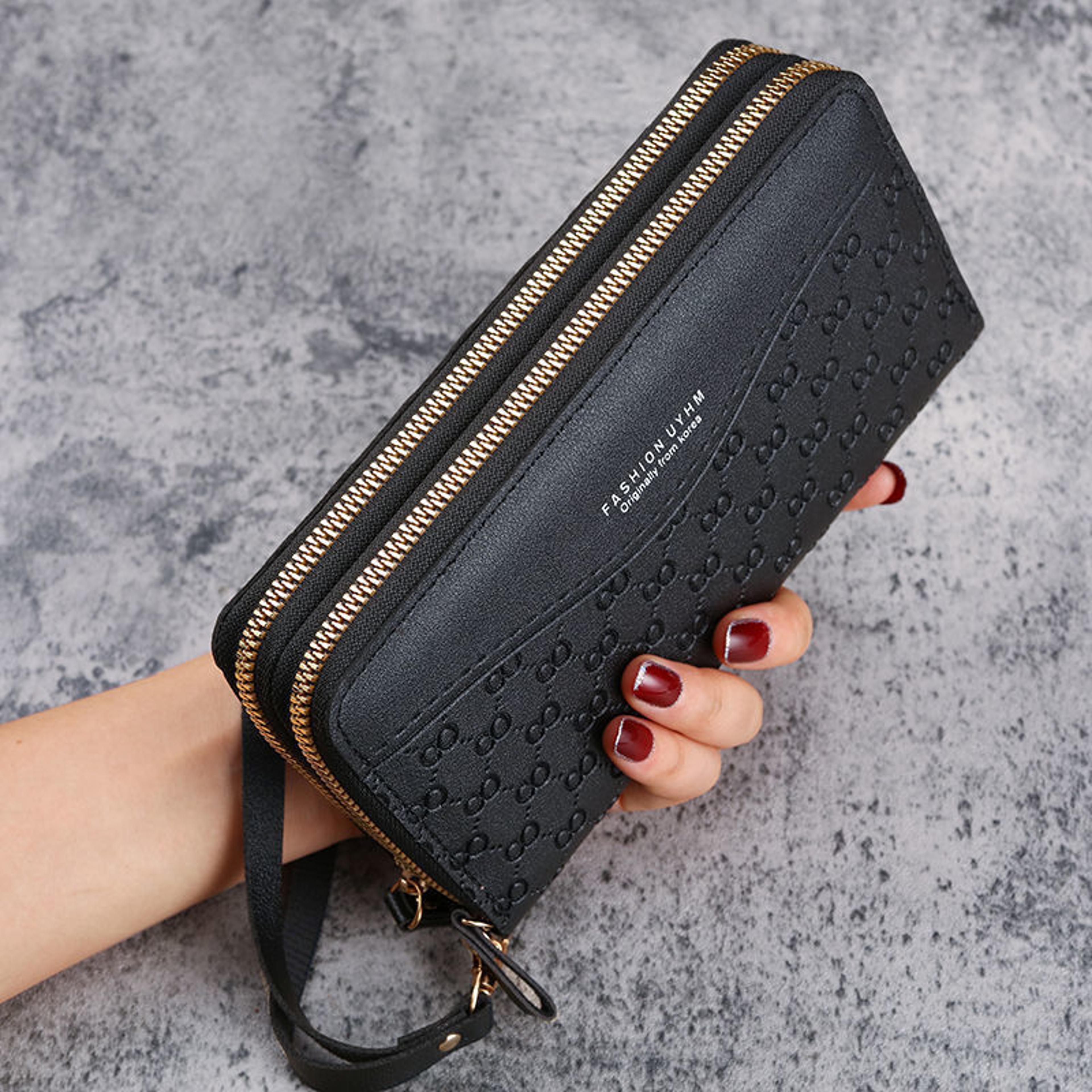 elegant leather wallet for women with double zipper card holder and tassel clutch purse