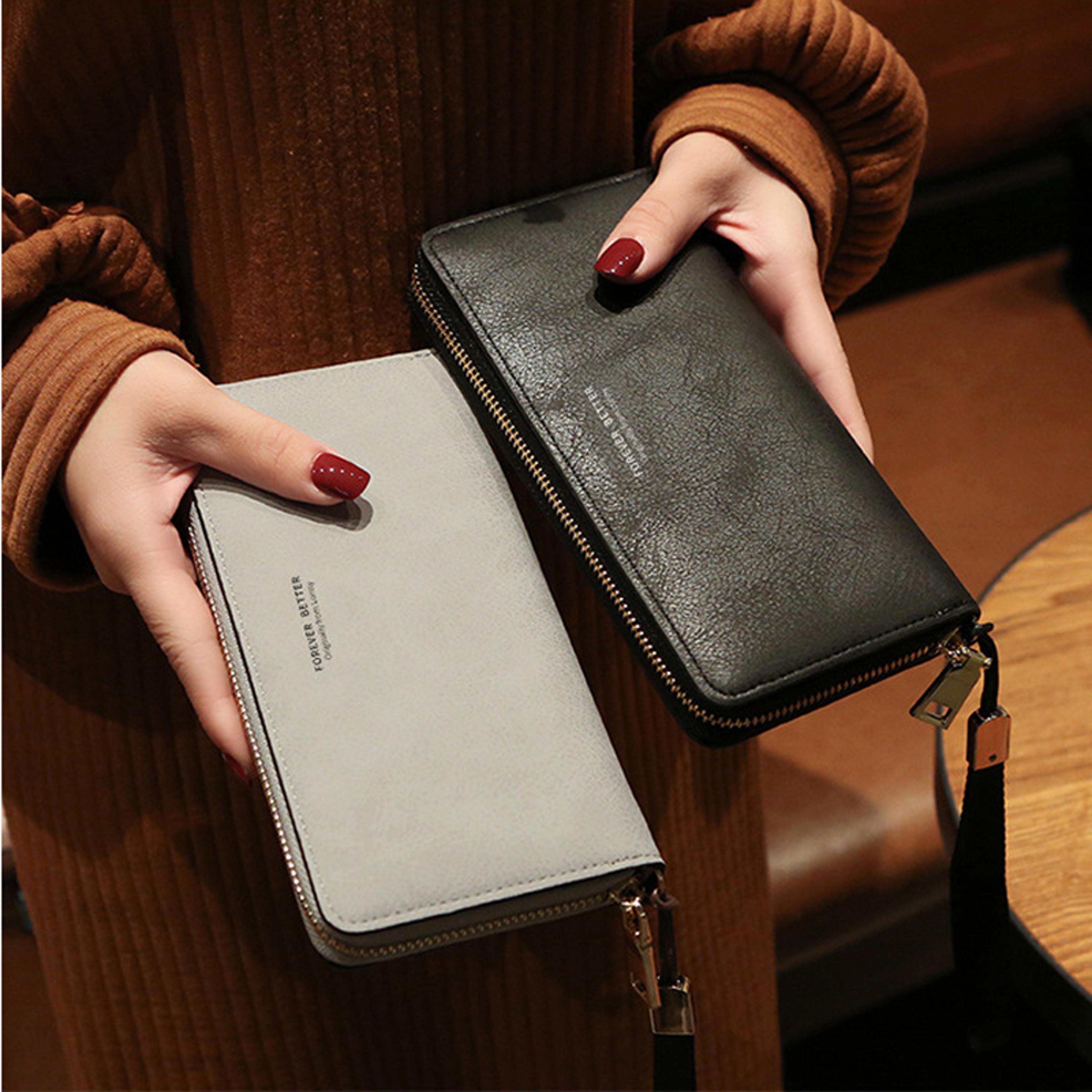 long leather women wallet clutch with zipper phone holder and card organizer