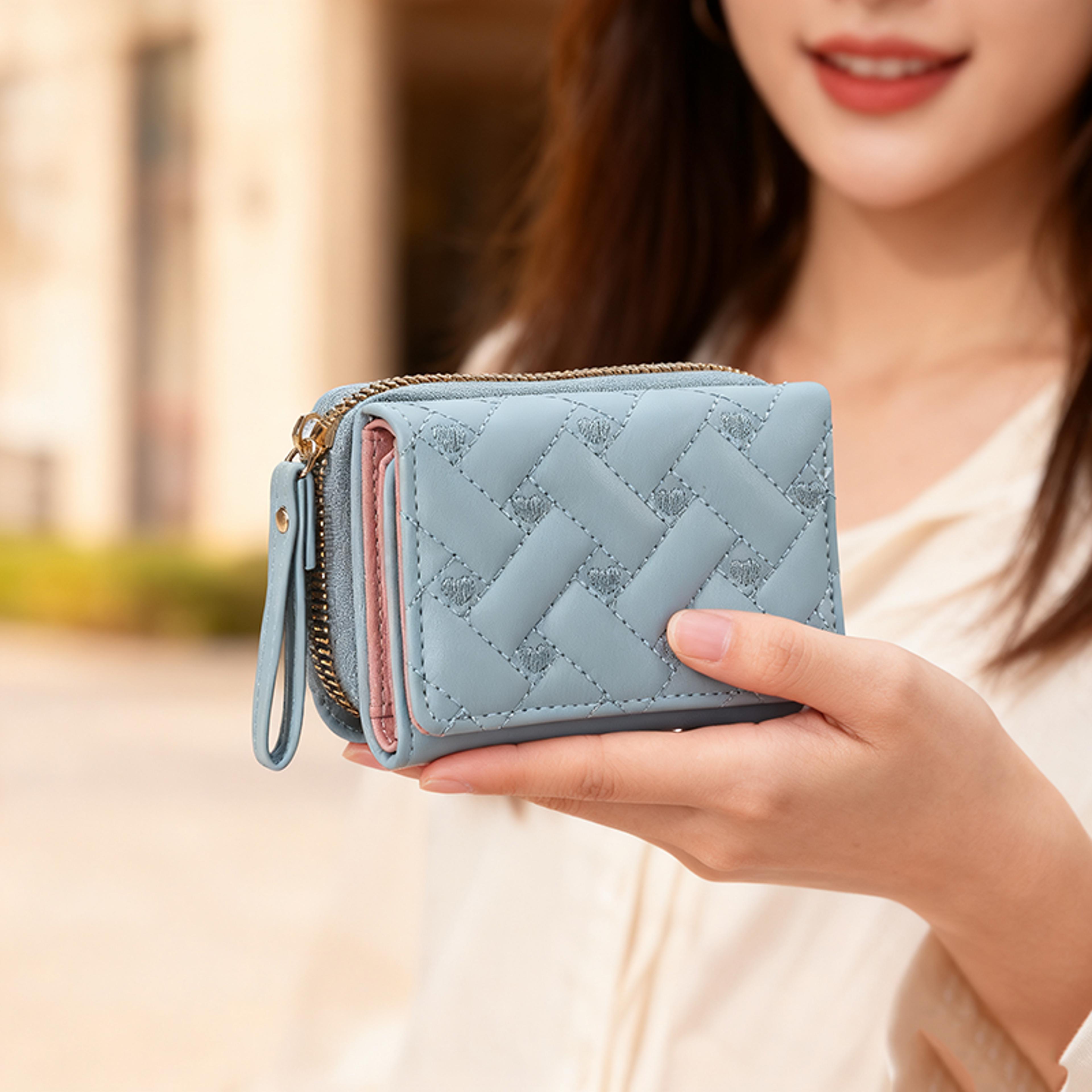 women embroidered love pu leather tri fold wallet with card holder