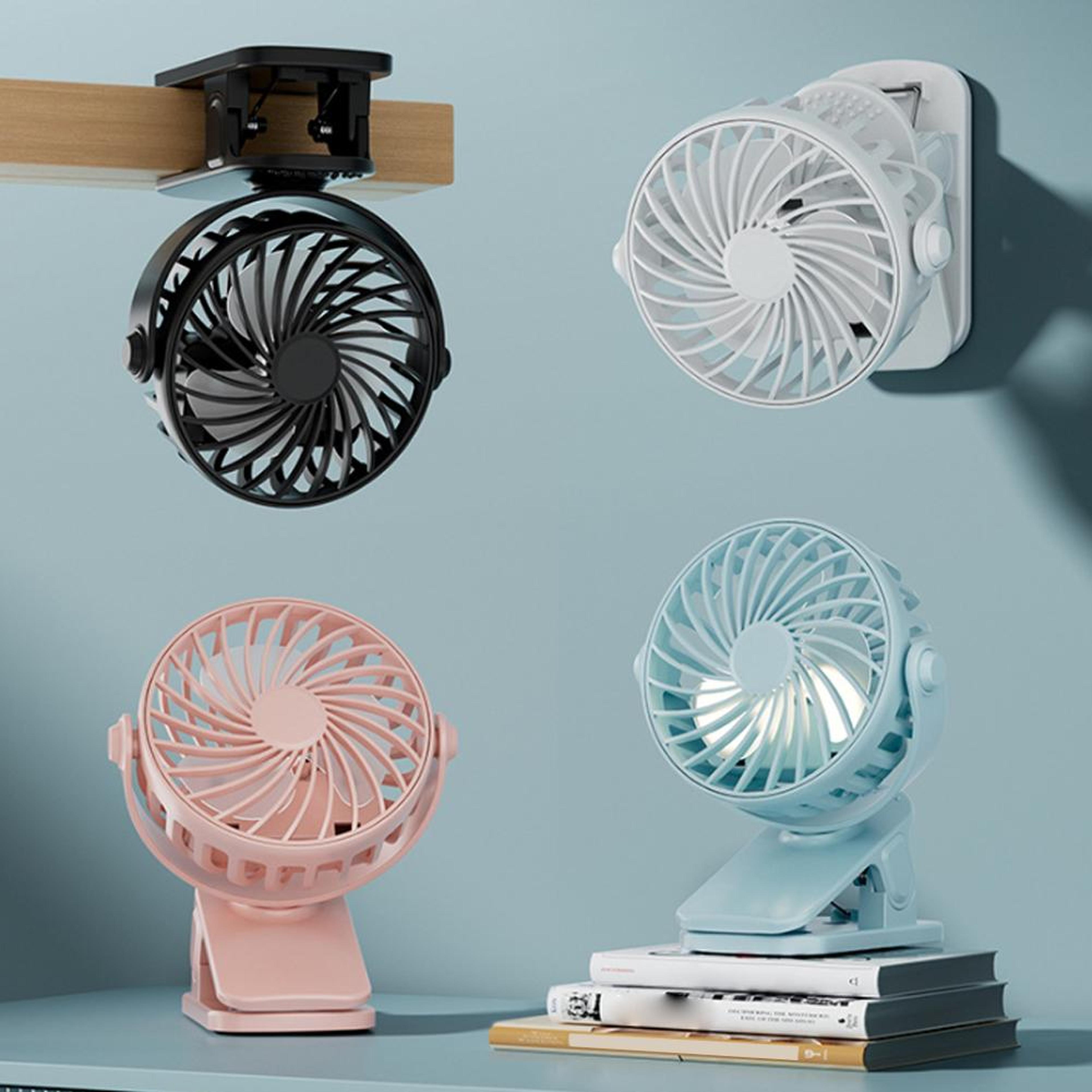 portable usb clip fan with led light quiet 3 speed rechargeable desktop fan