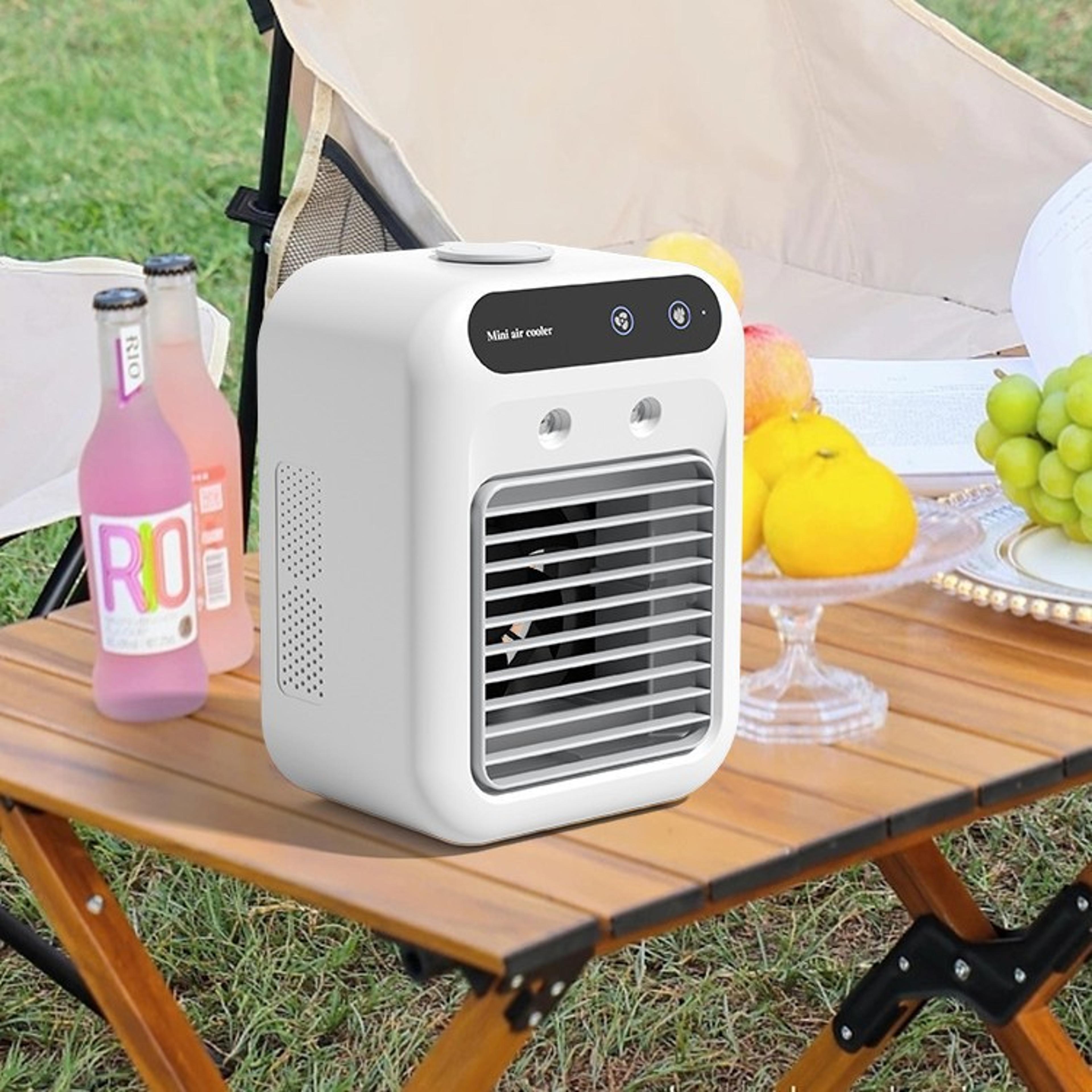 portable air cooler usb rechargeable fan with mist spray for office, dorm & travels