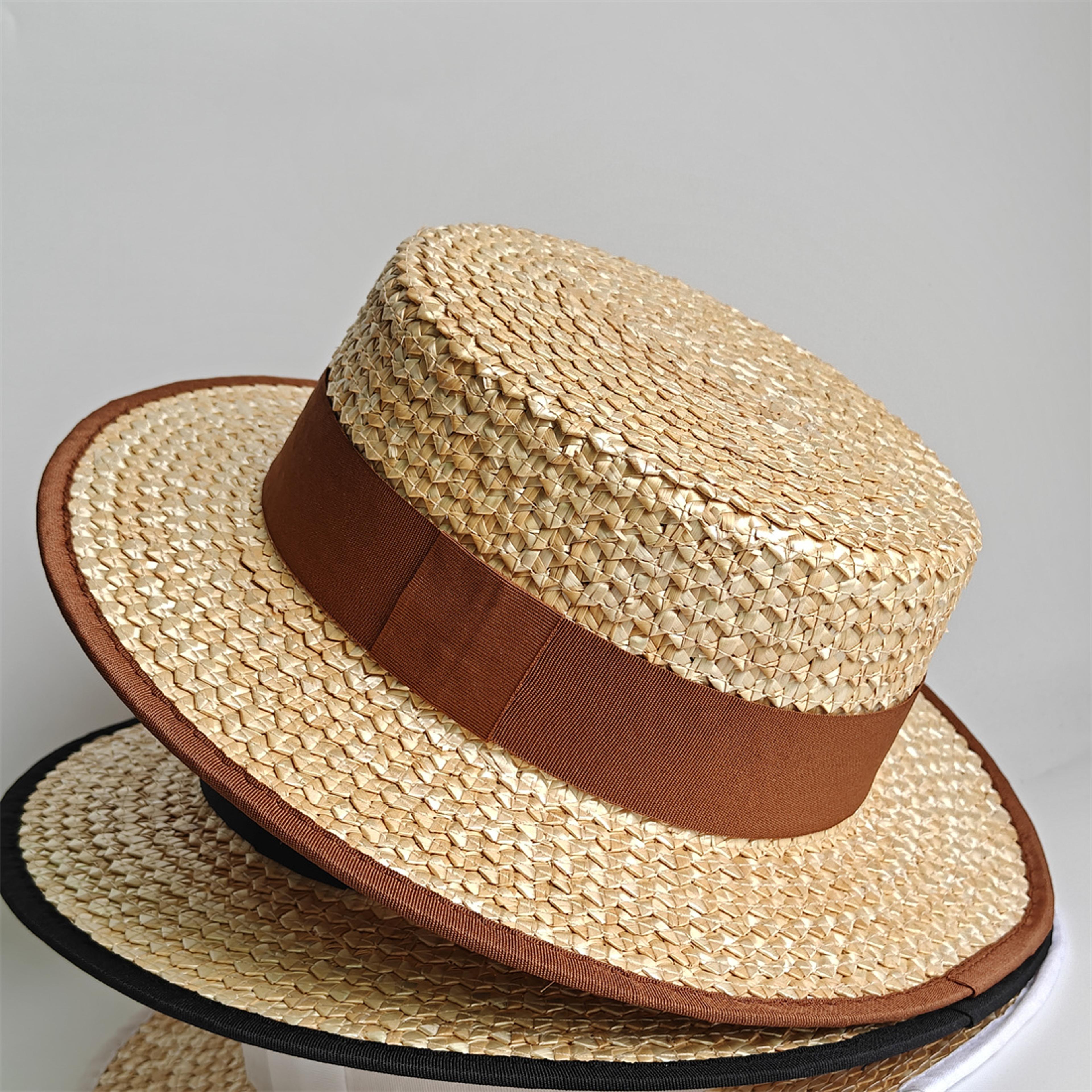 wide brim straw hat with black trim | unisex sun protection beach boater hat