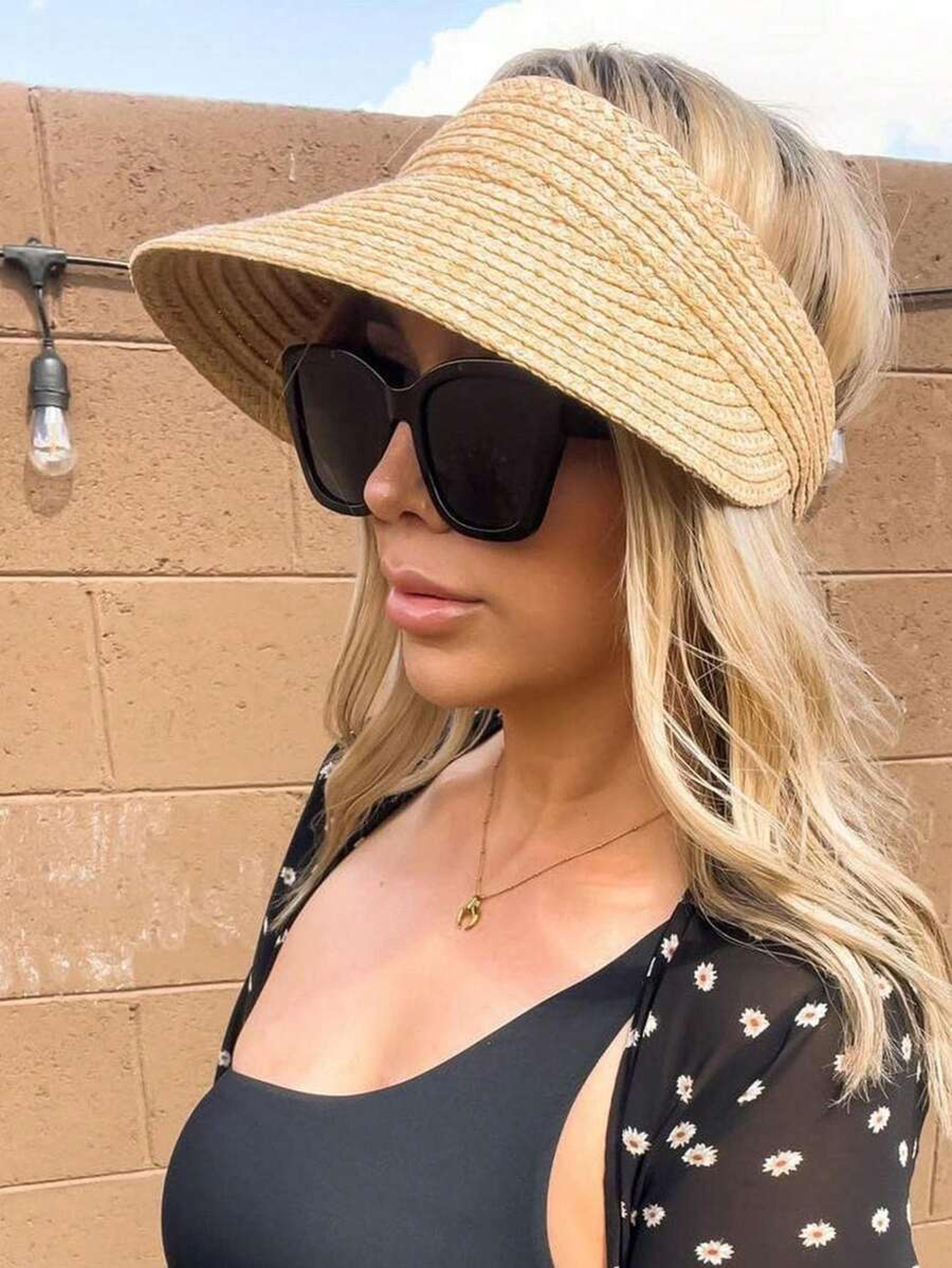 women raffia straw visor wide brim beach sun hat for summer travels