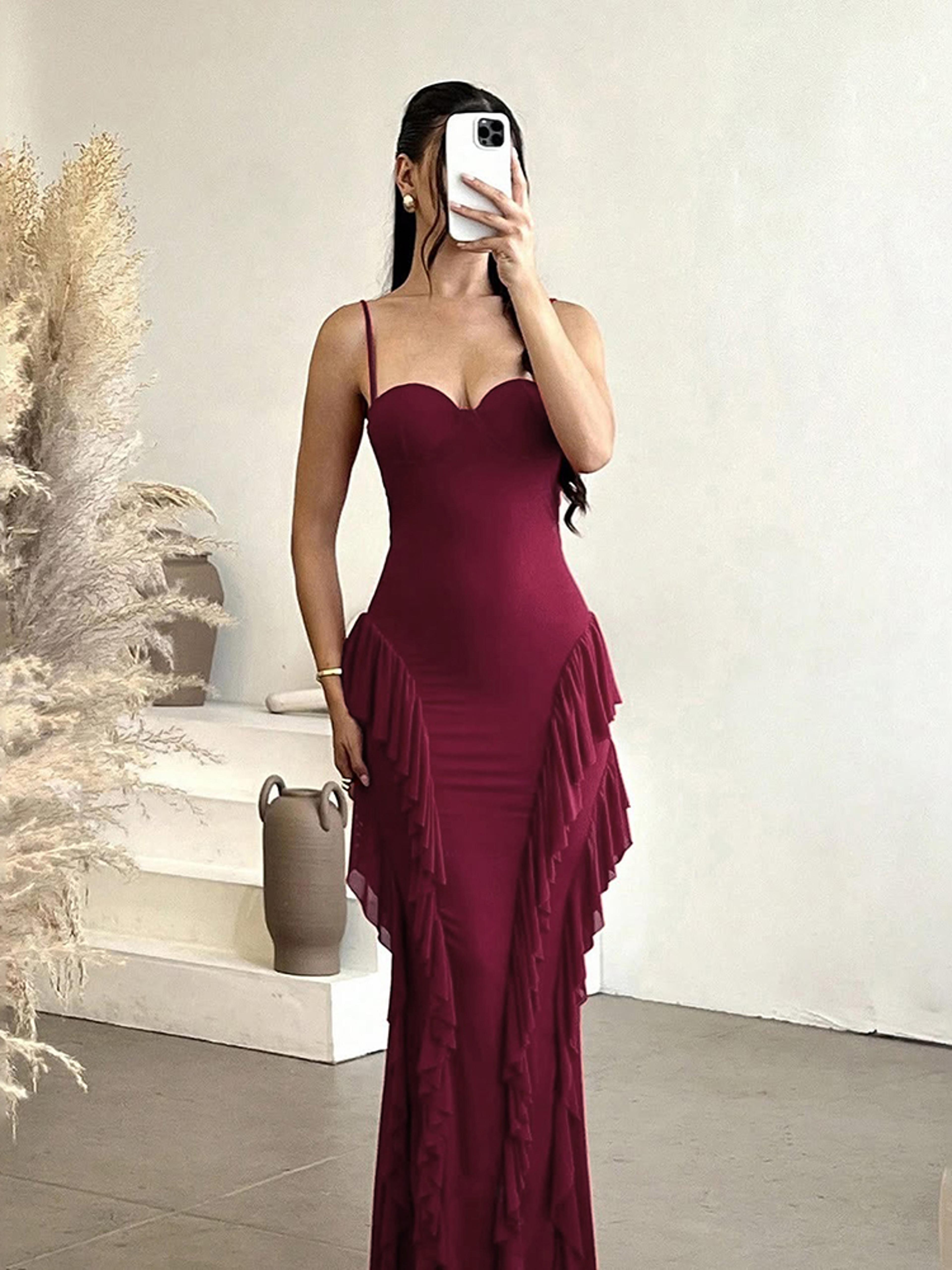 kliou backless maxi dress elegant mesh ruffle bodycon evening gown