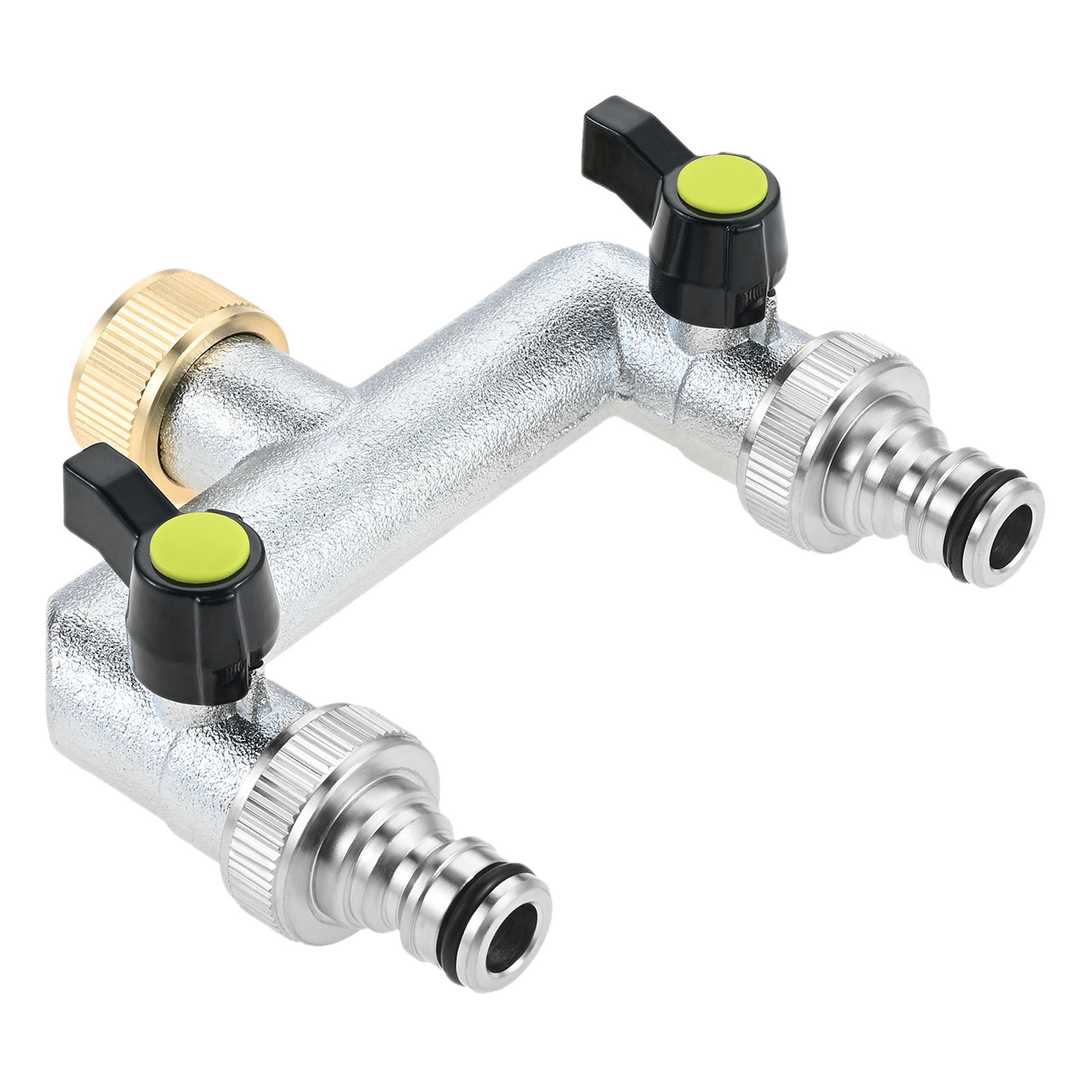 2 way garden hose splitter with extended handle shut off valves for outdoor faucet