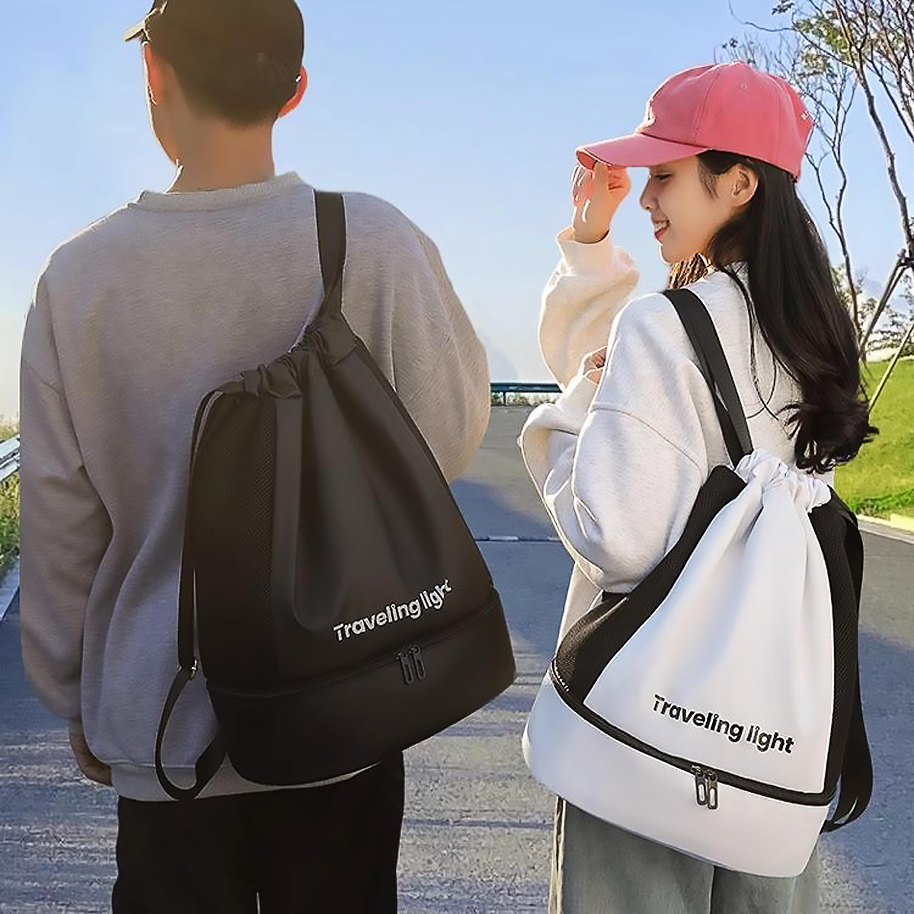 waterproof gym bag drawstring backpack with shoe compartment & wet dry storage