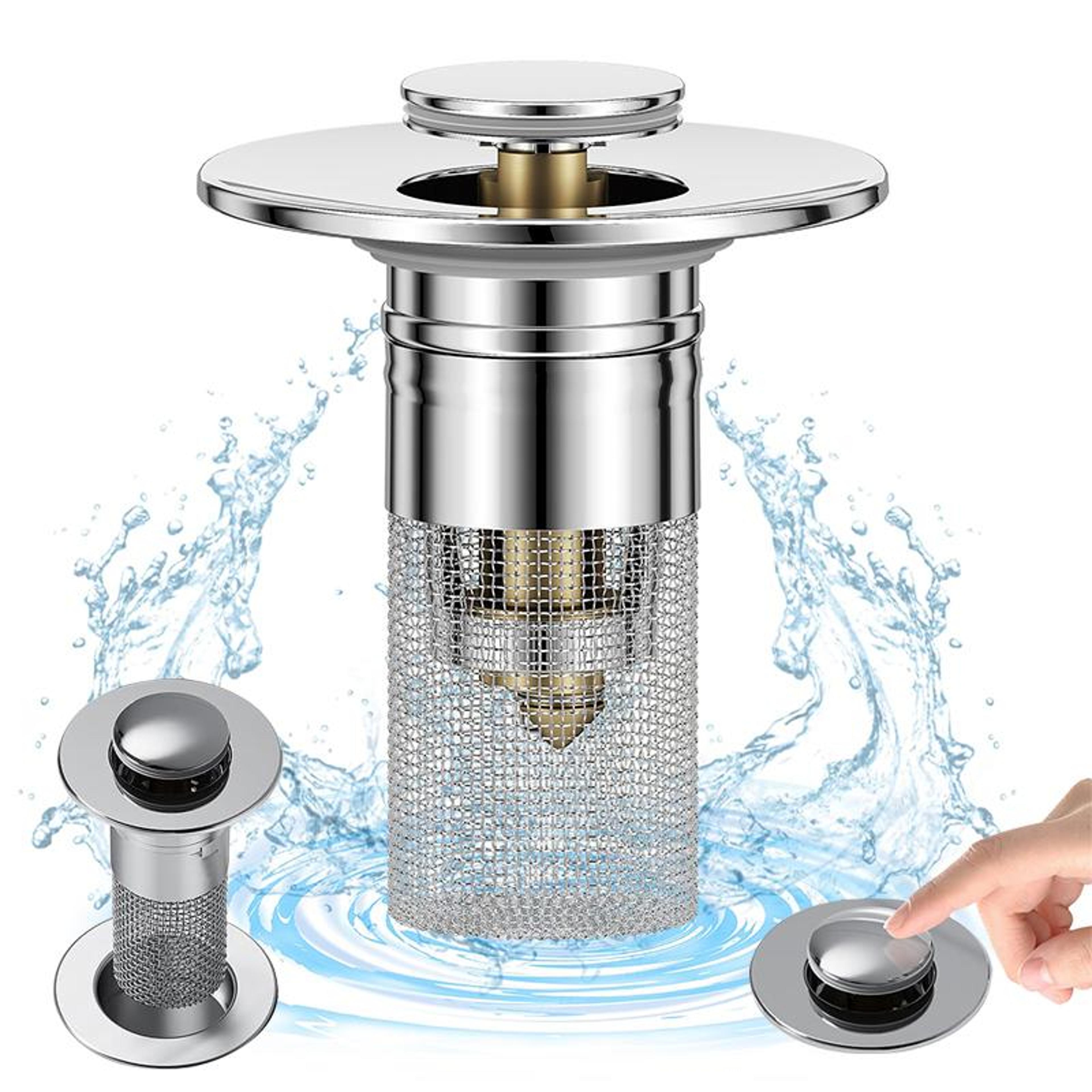 universal bathroom sink drain stopper with pop up hair catcher & 304 stainless steel filter