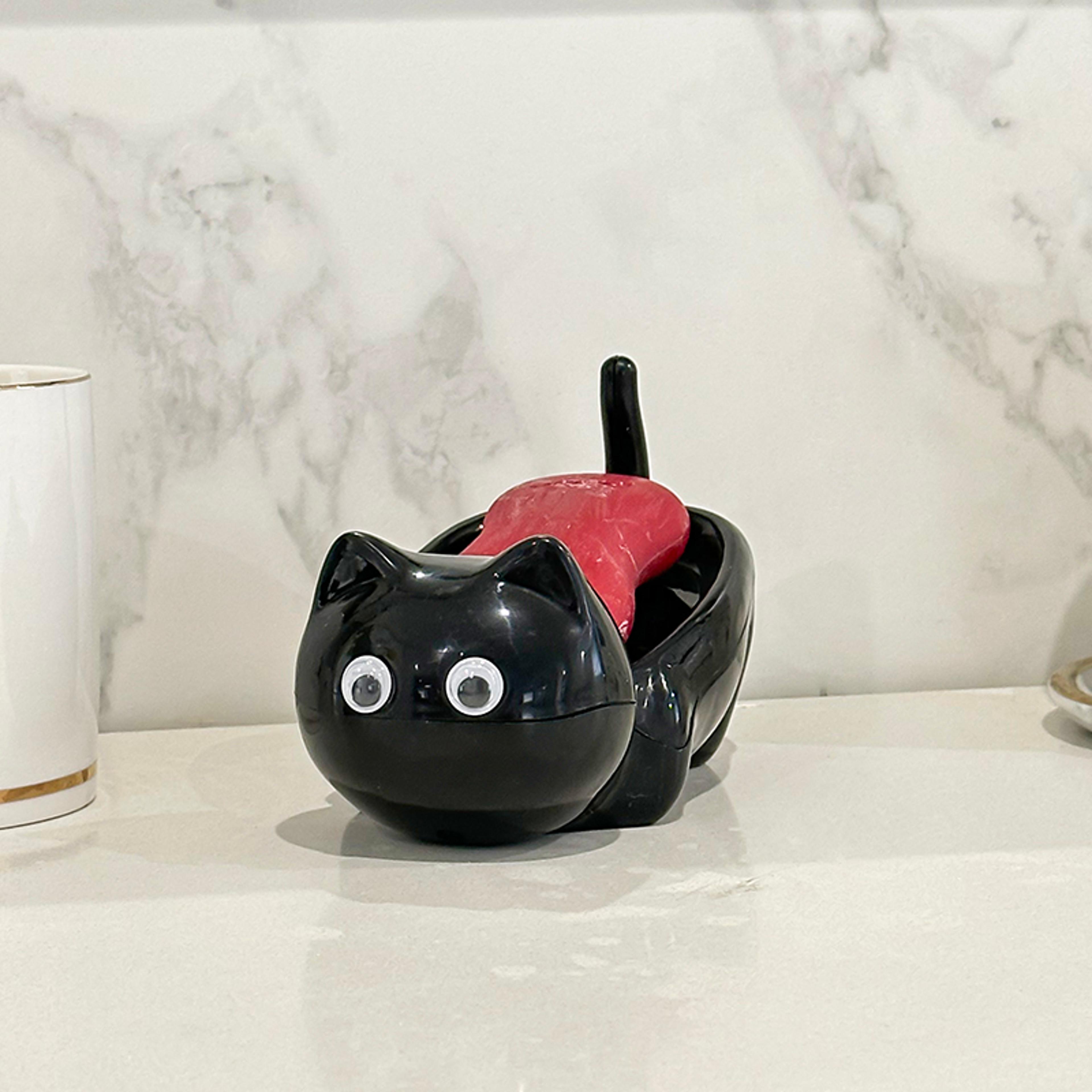 kawaii big-eyed cat soap dish with drain tray cute bathroom soap holder decor