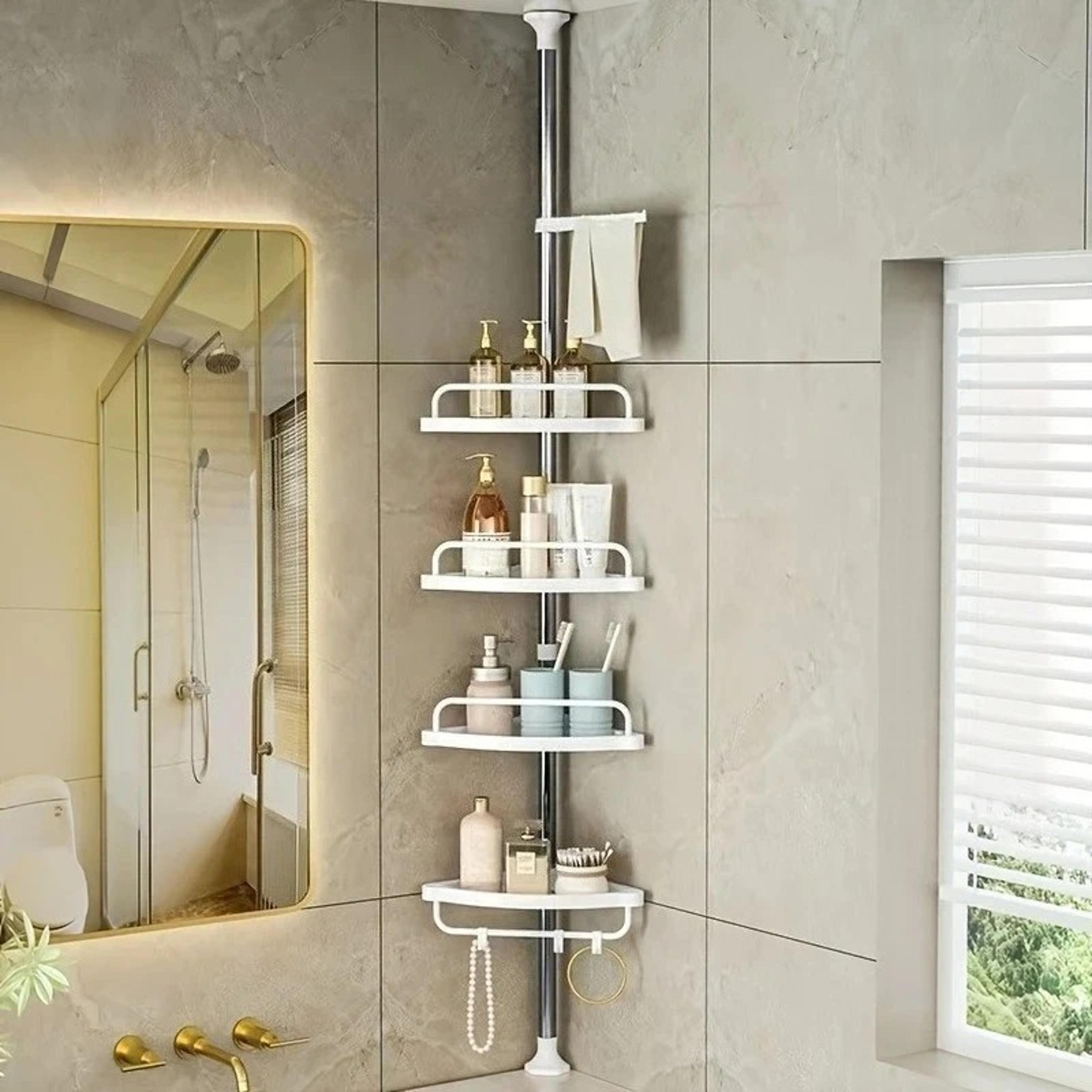 adjustable corner shower shelf tension pole shower caddy no drill bathroom storage organizer