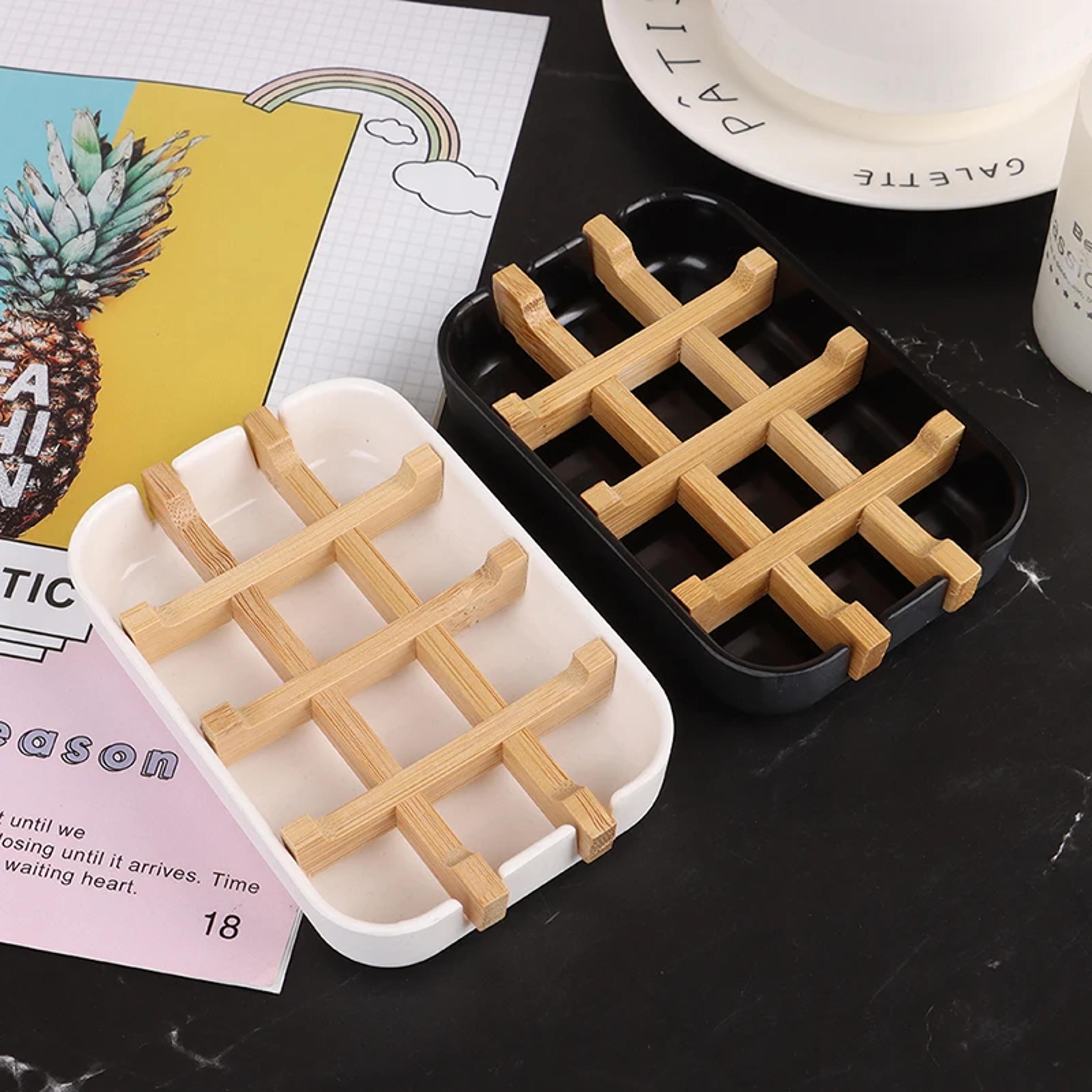premium bamboo soap dish with self-draining wooden holder for bathroom & kitchen