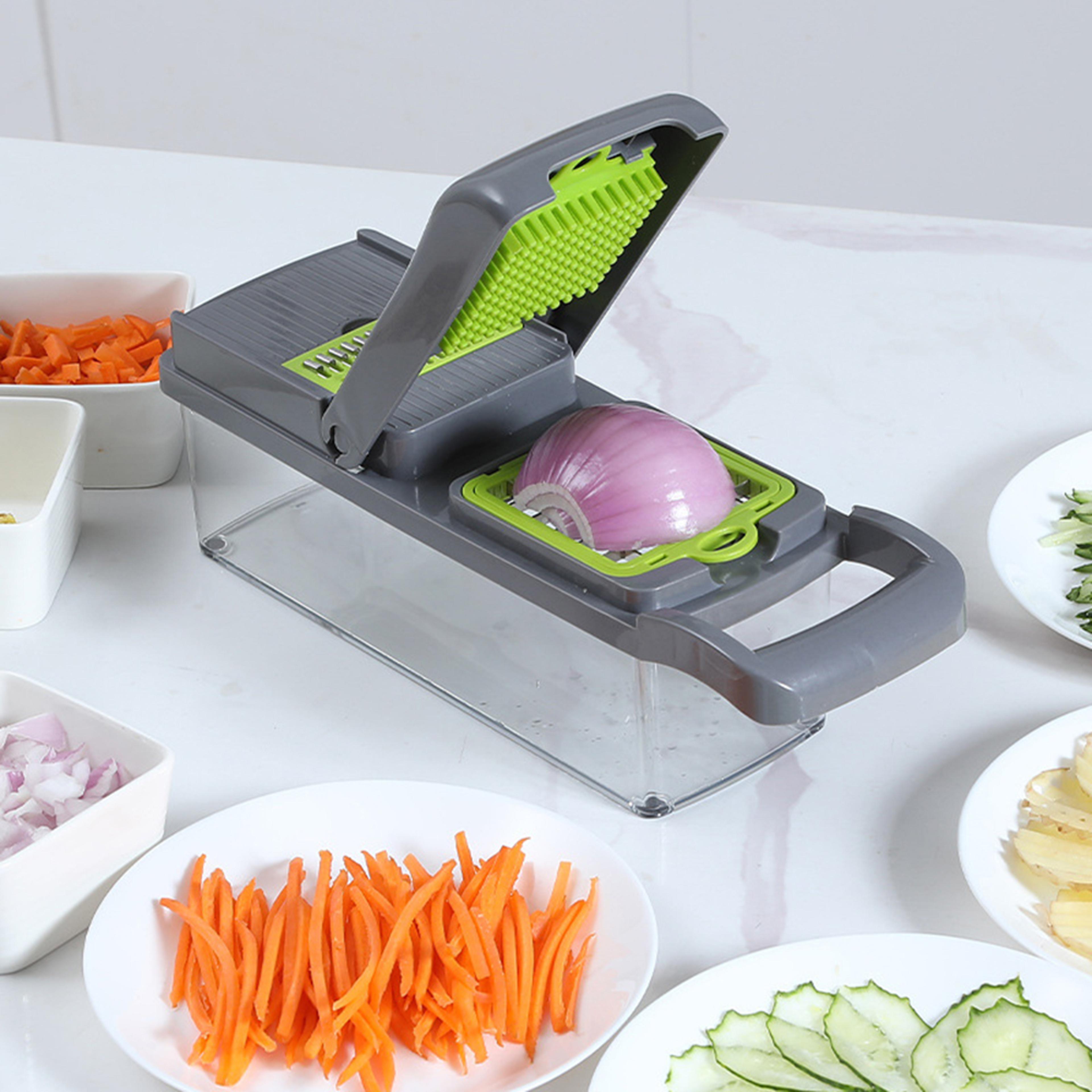 multifunction vegetable slicer & vegetable chopper with basket and interchangeable blades
