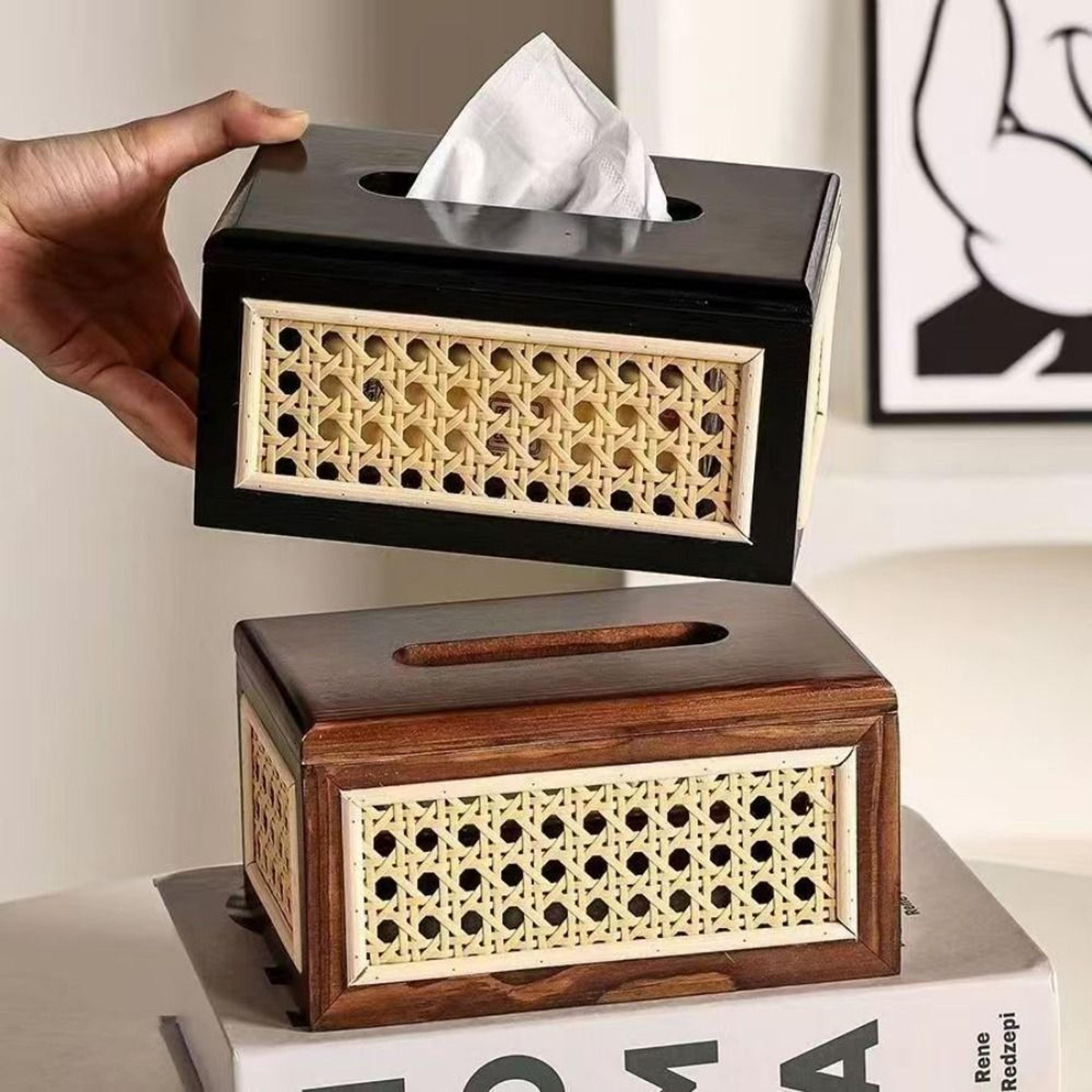 rustic wooden tissue box with rattan lid wide opening napkin holder for kitchen bathroom & dining table