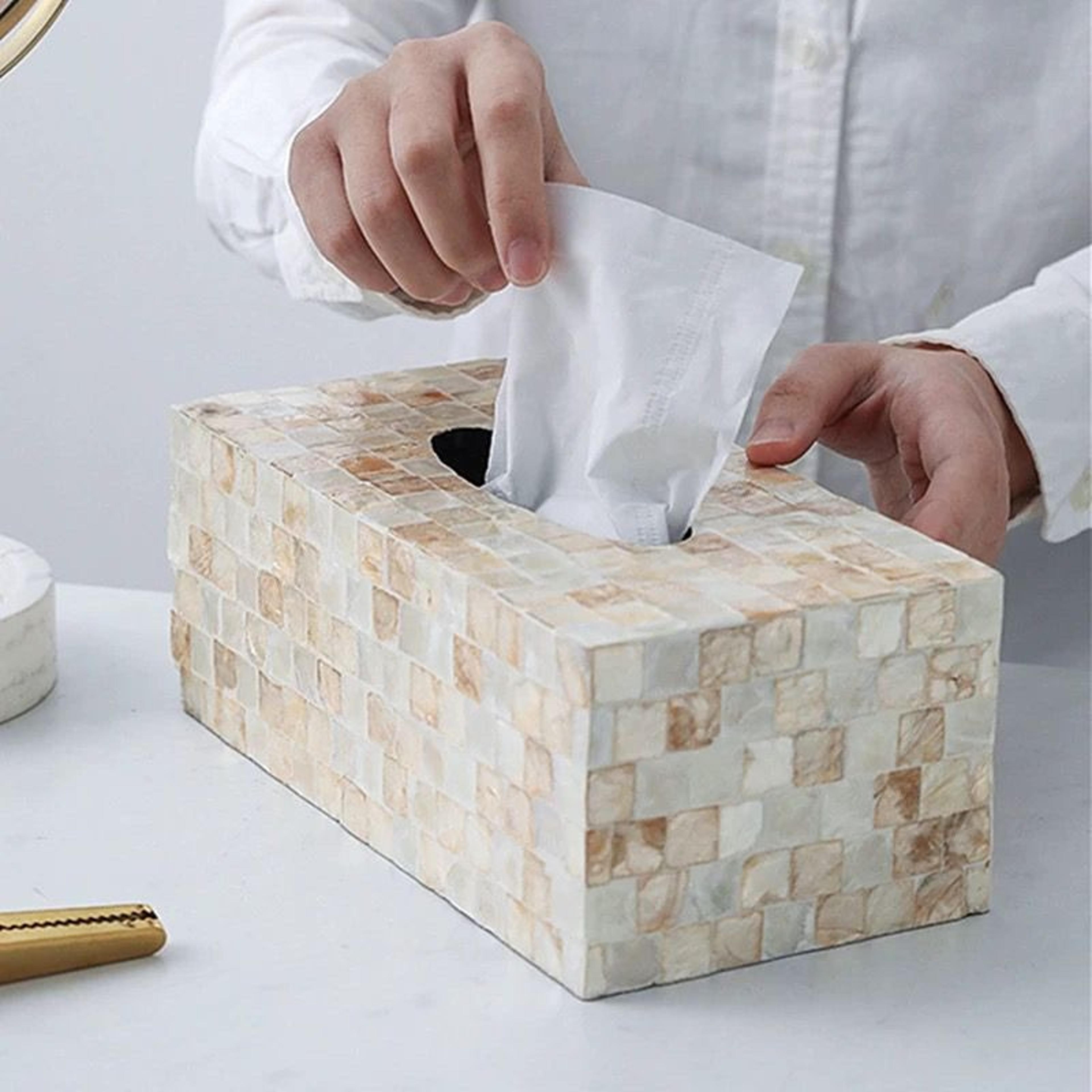 luxury coastal tissue box with natural seashell accent for beach house & living room decor