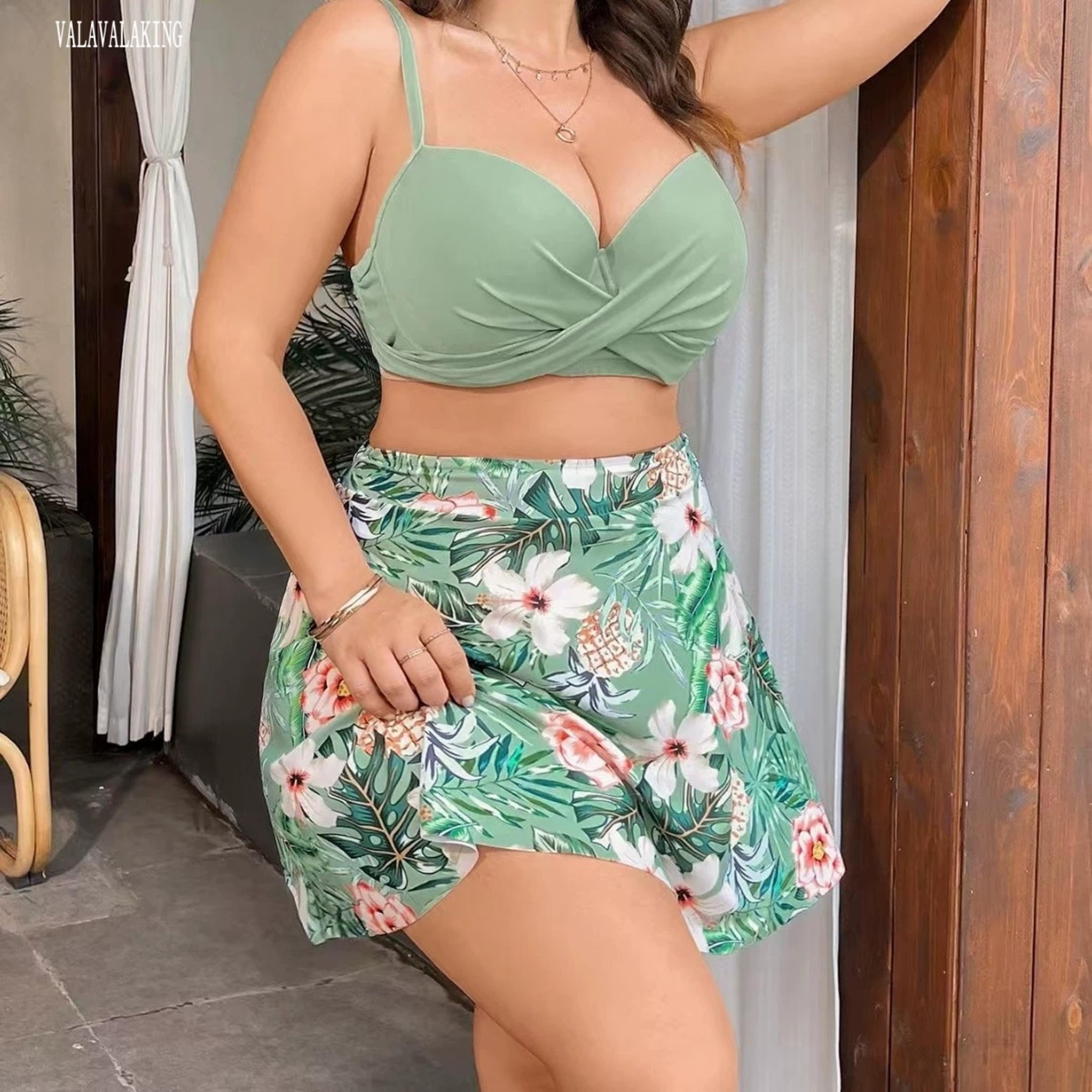 curve confidence plus size bikini set 3 piece floral push up swimwear with cover-up skirt