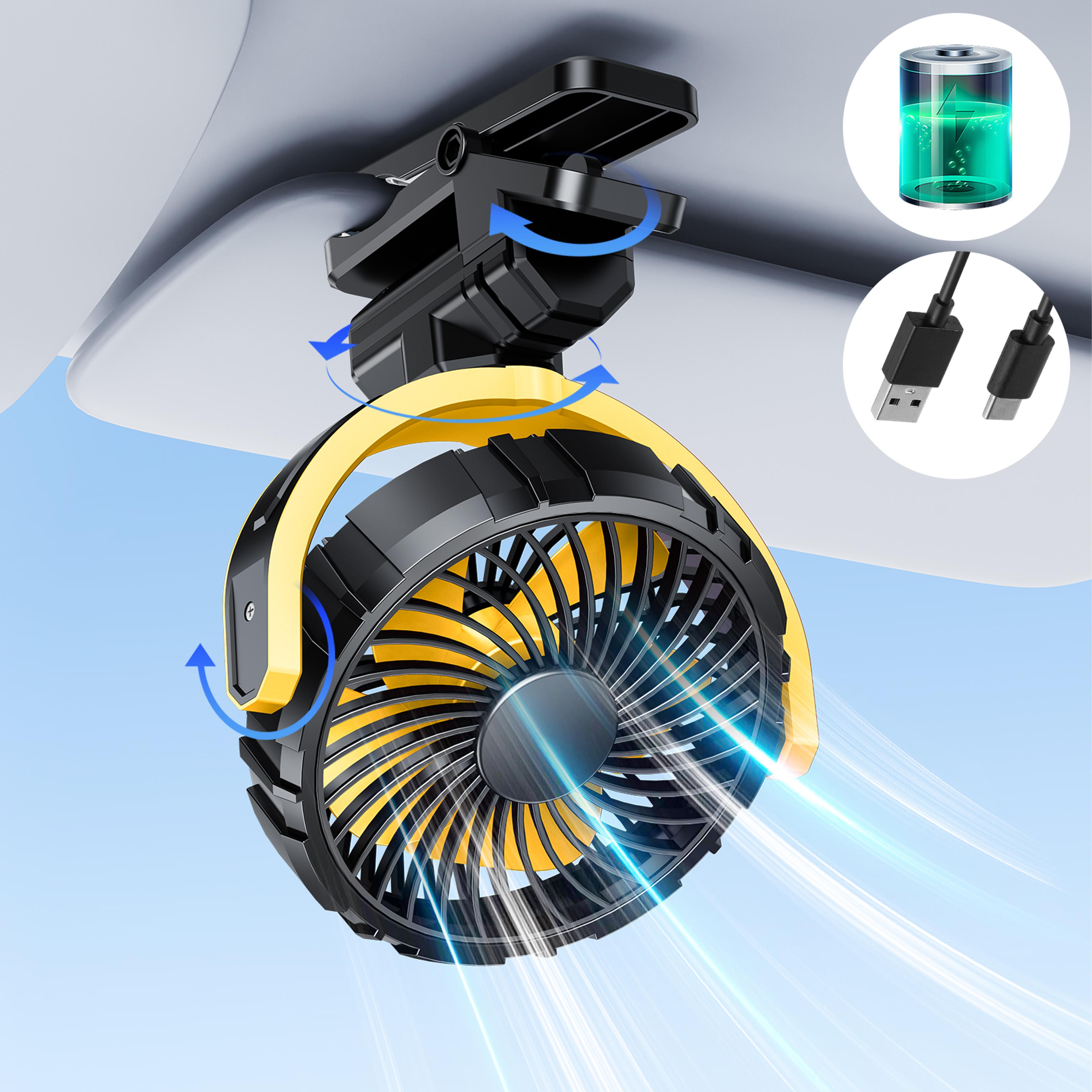 portable car fan usb rechargeable clip on mini cooling fan with 900 degree rotation and 3 speed settings