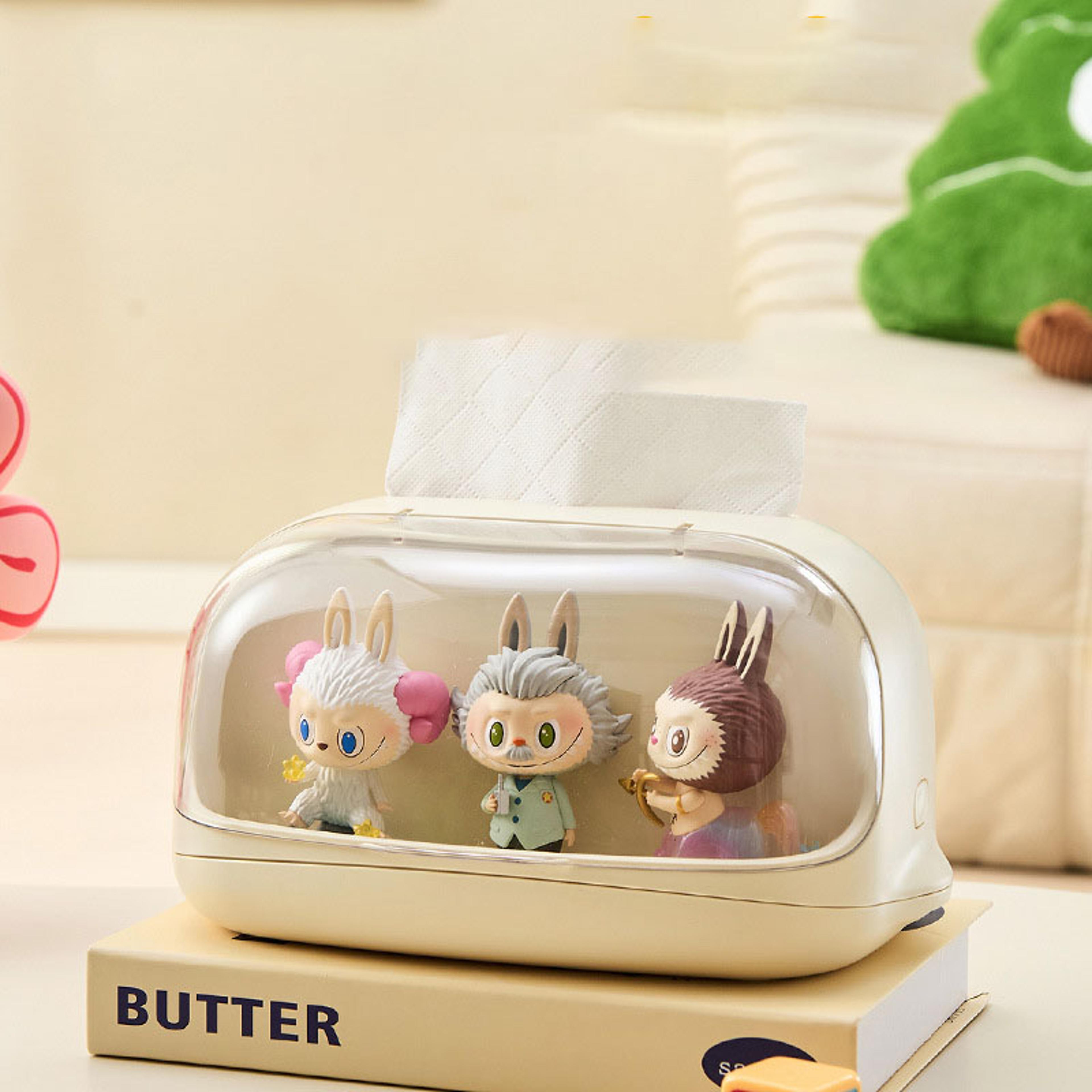 kawaii tissue box holder with dustproof display case for blind box figures & desktop organizer