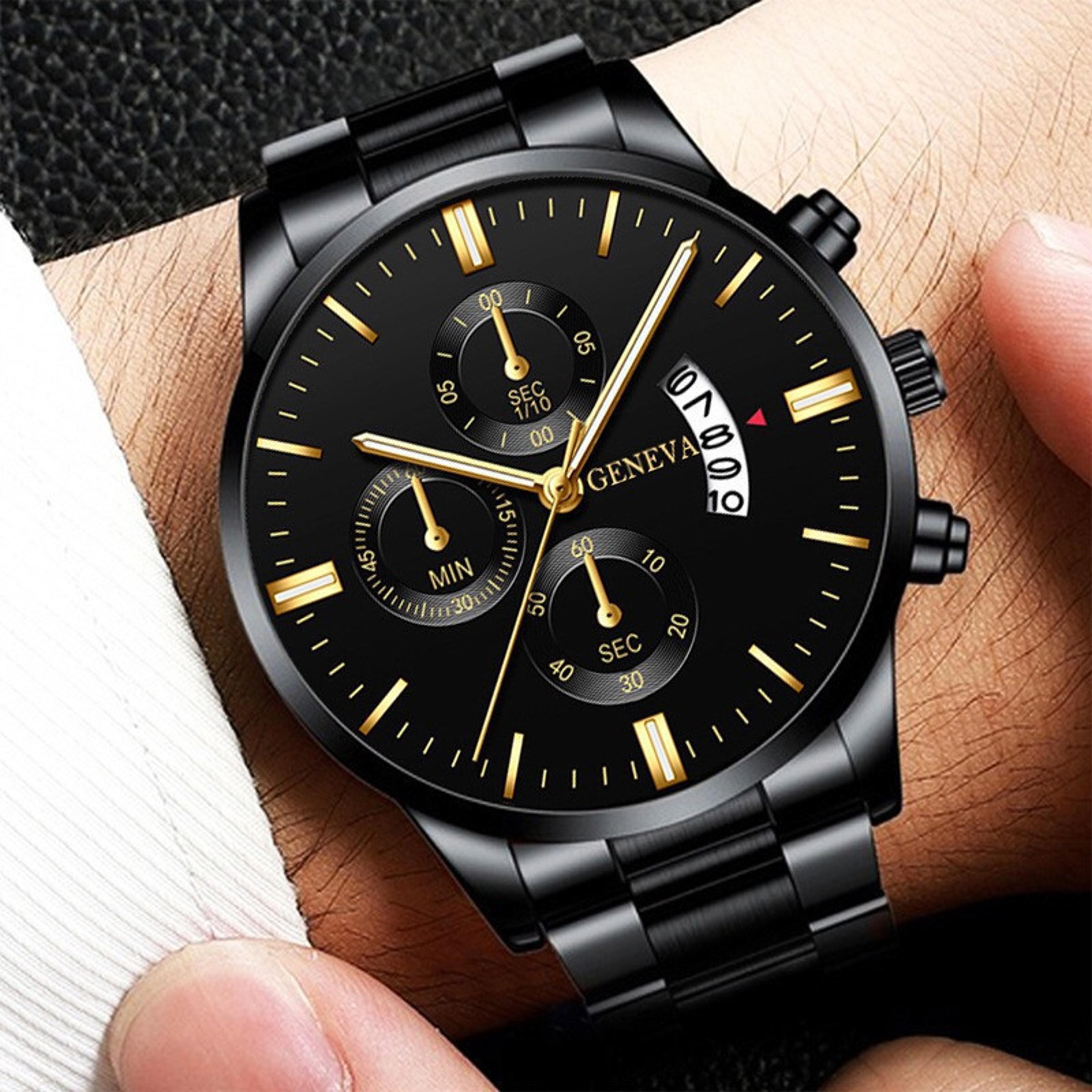 executive men business watch with calendar quartz movement & stainless steel band