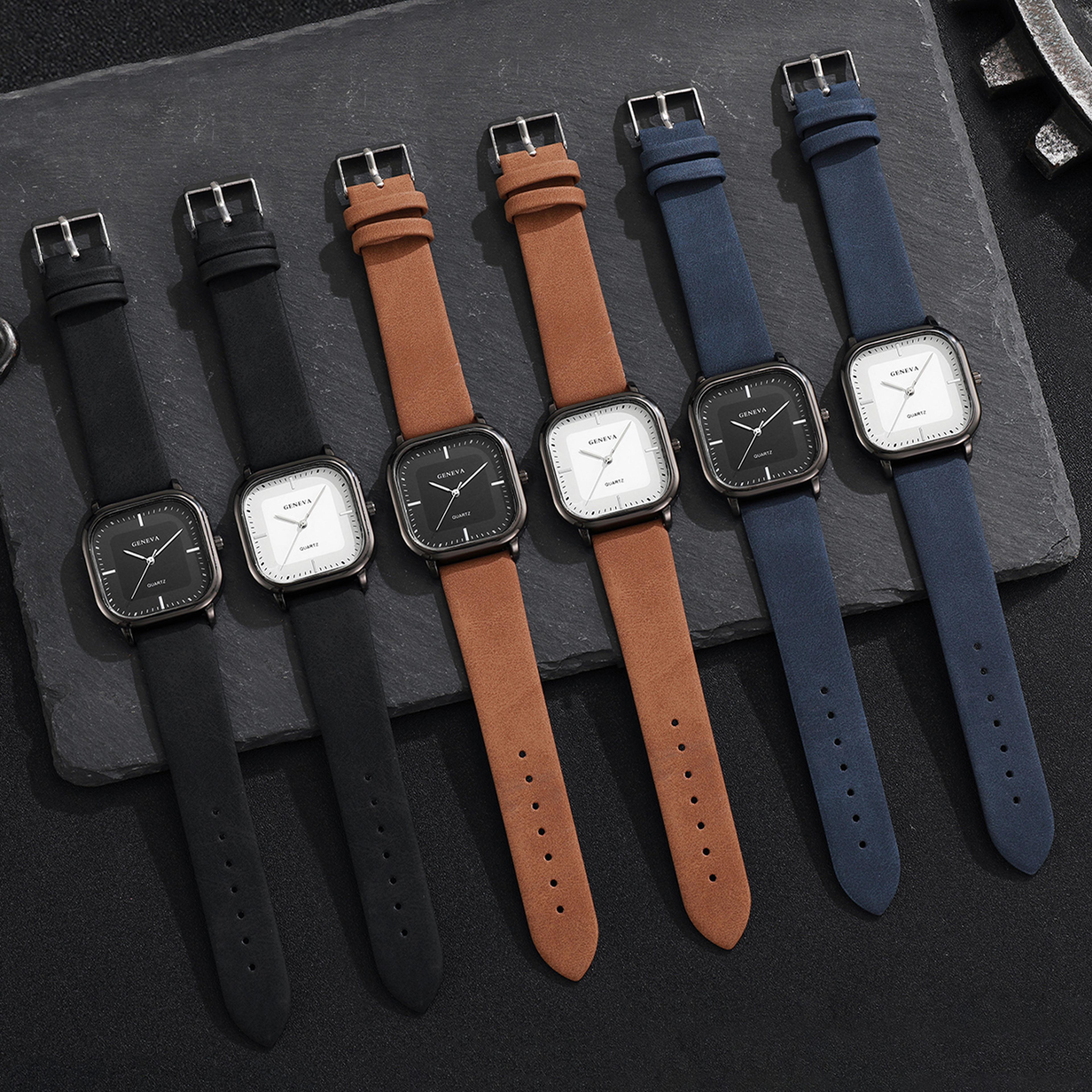 minimalist mens quartz wristwatch with leather strap & square dial