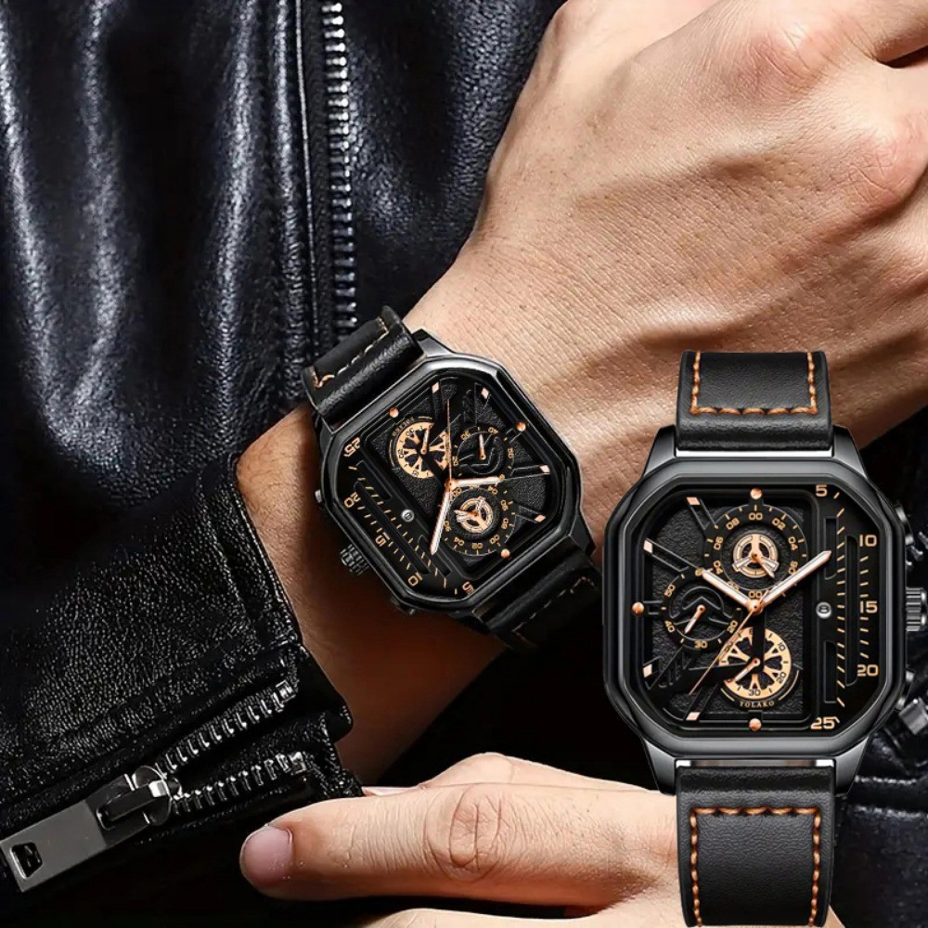 prestige men square watch with big dial & leather strap