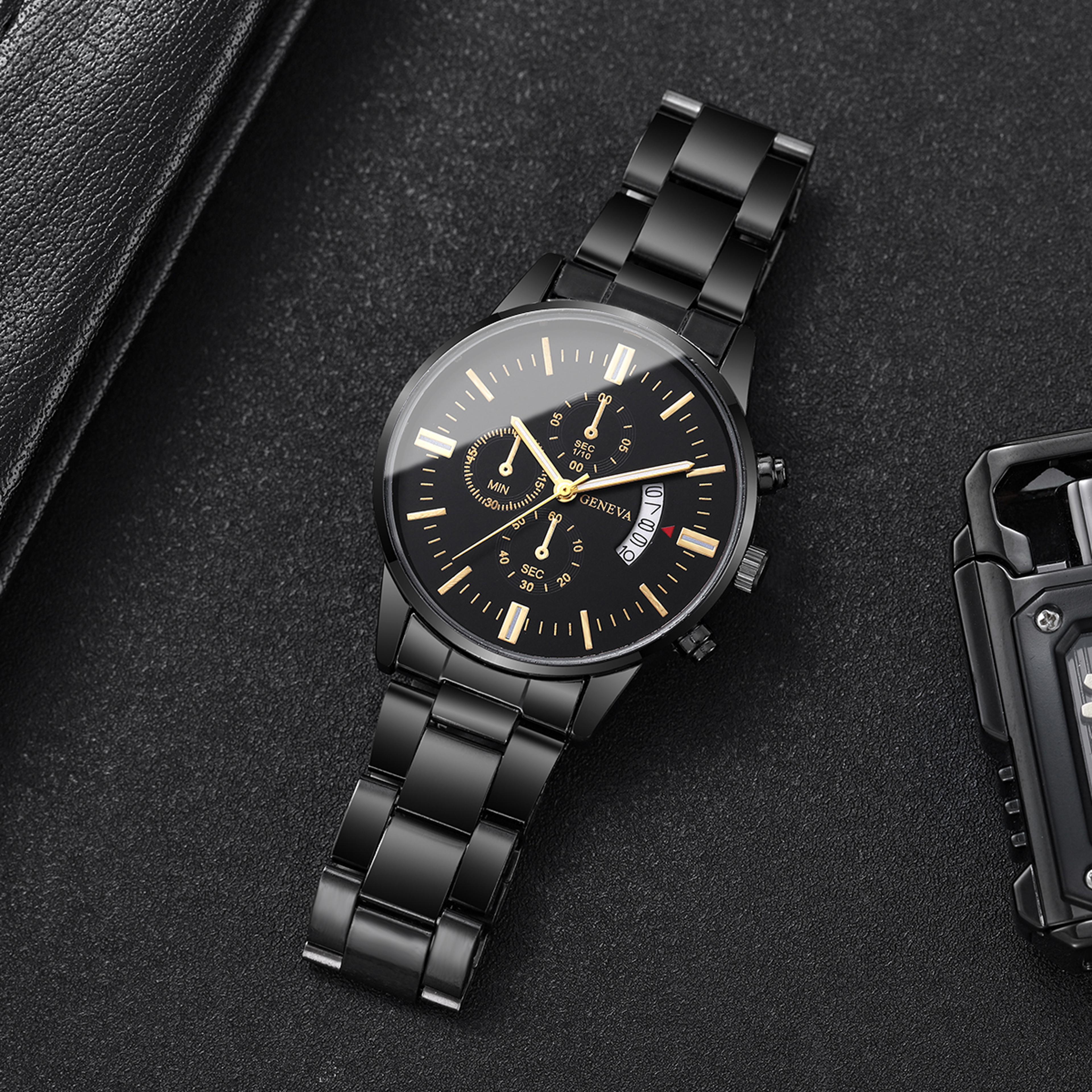 executive men stainless steel watch with calendar | business quartz dress watch