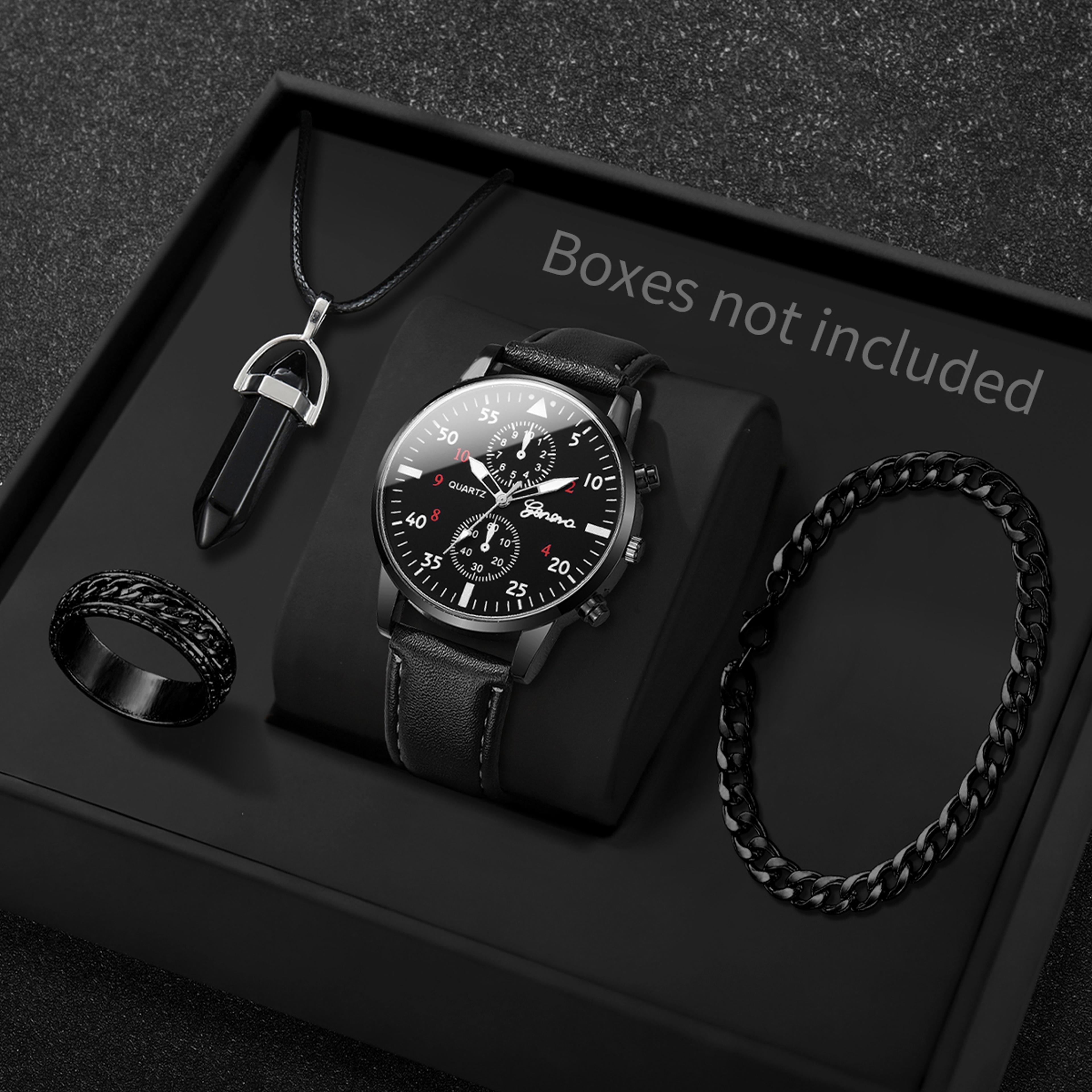 prestige mens watch set with arabic dial watch, leather strap & matching accessorie