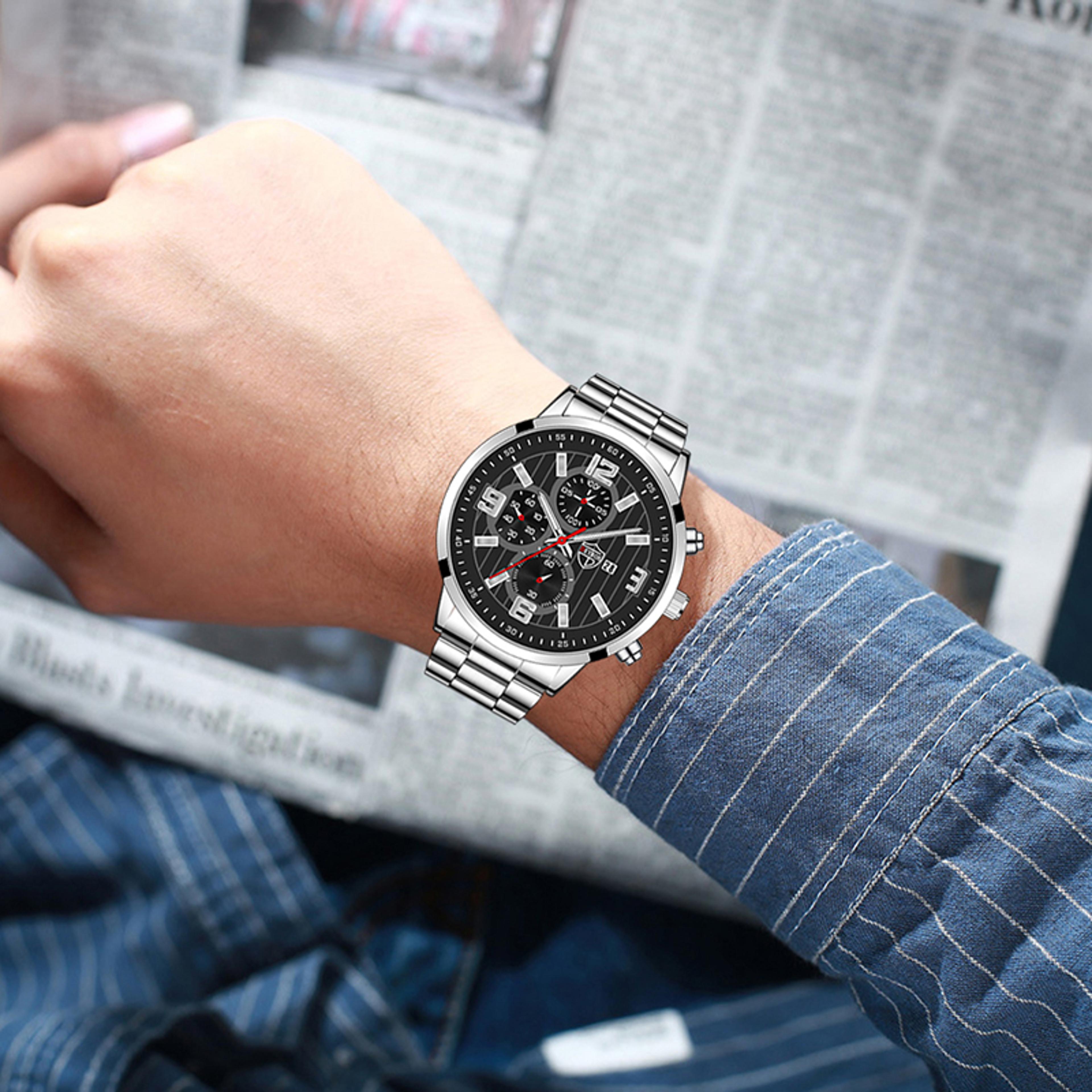 executive mens quartz watch with calendar, luminous dial & leather strap for business and casual wear