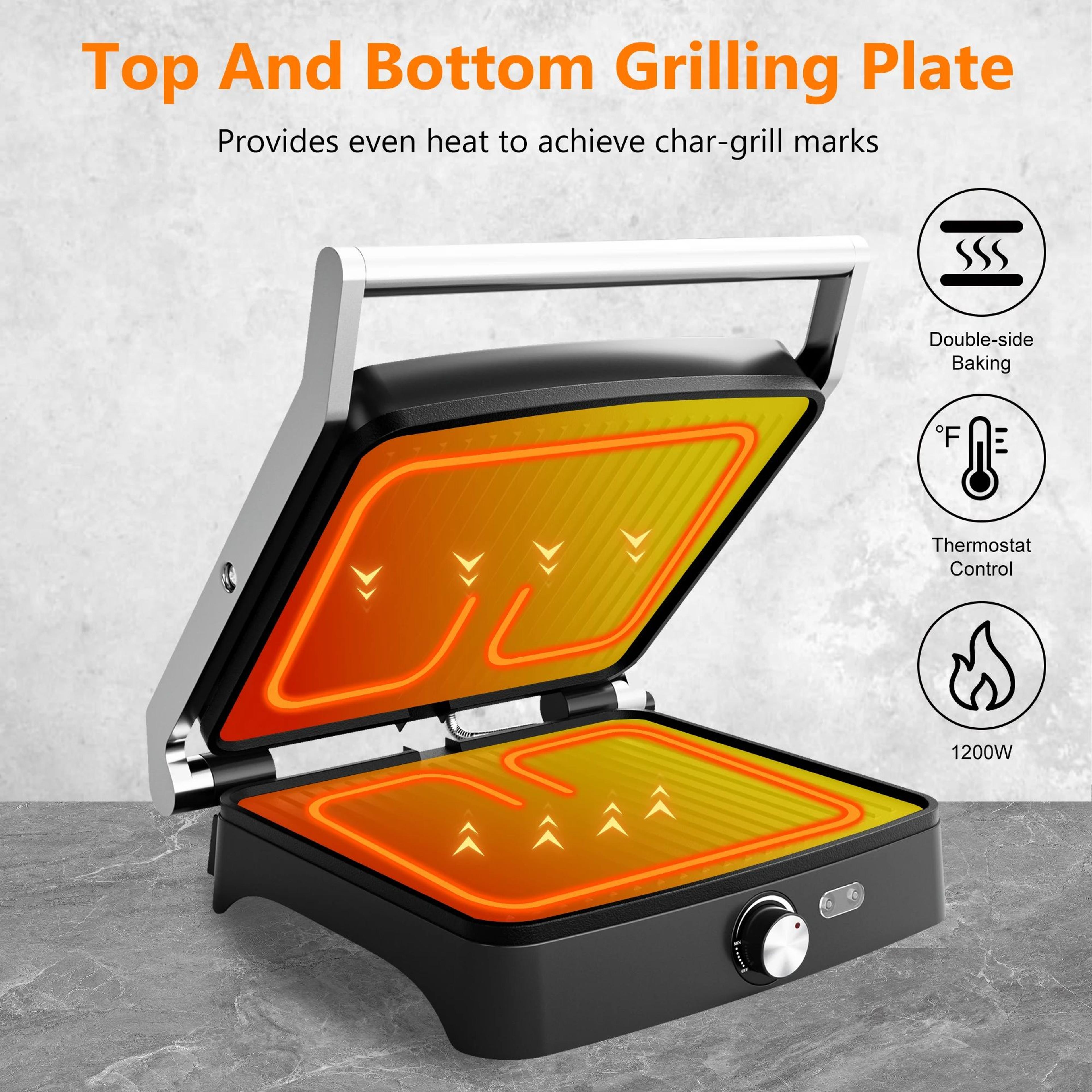 panini press grill indoor sandwich maker with temperature setting, 4 slice non-stick grill, 180 opening