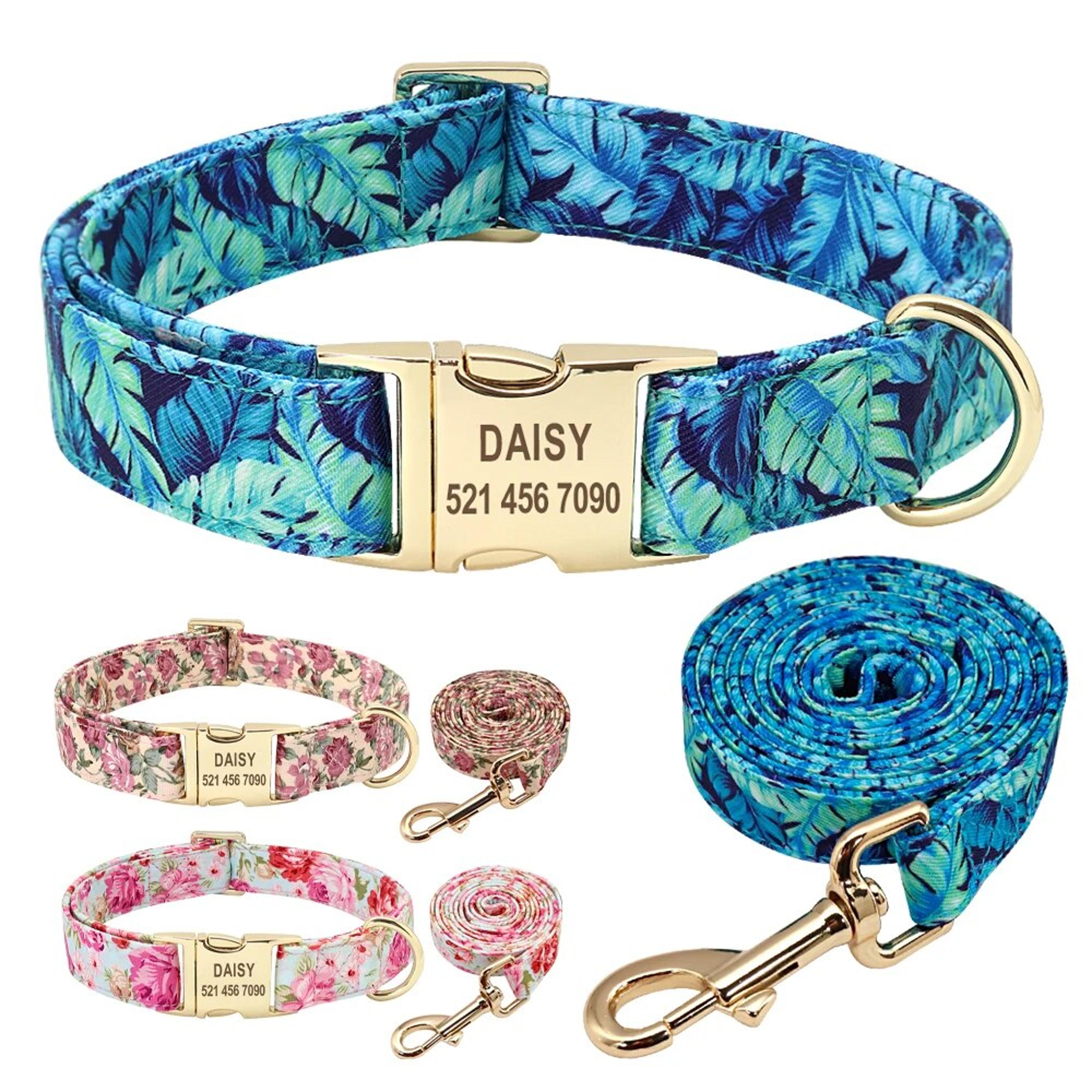 custom floral dog collar & leash set - personalized pet id collar for small, medium, large dogs