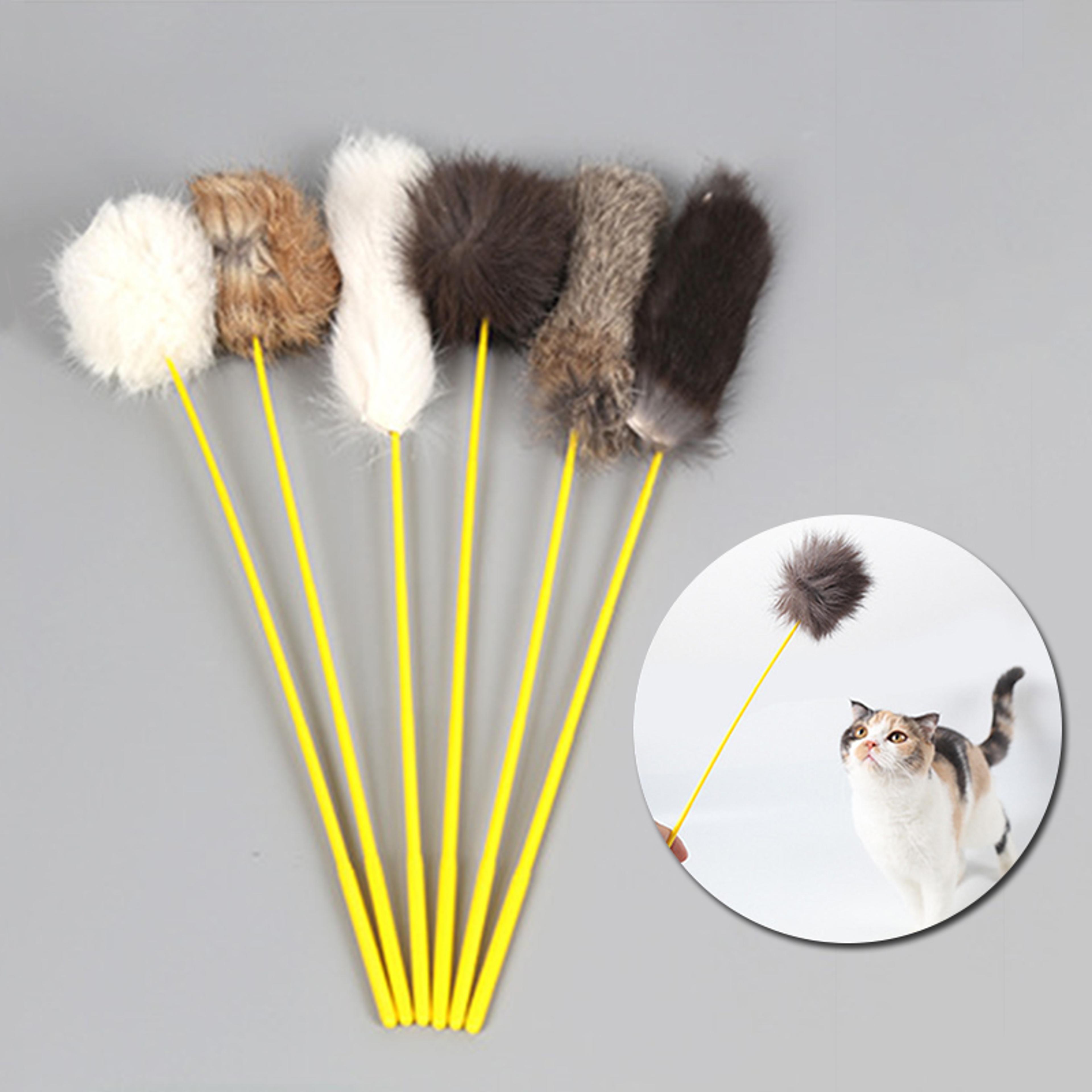 interactive pet toy: faux rabbit fur pompom stick for cat training & play