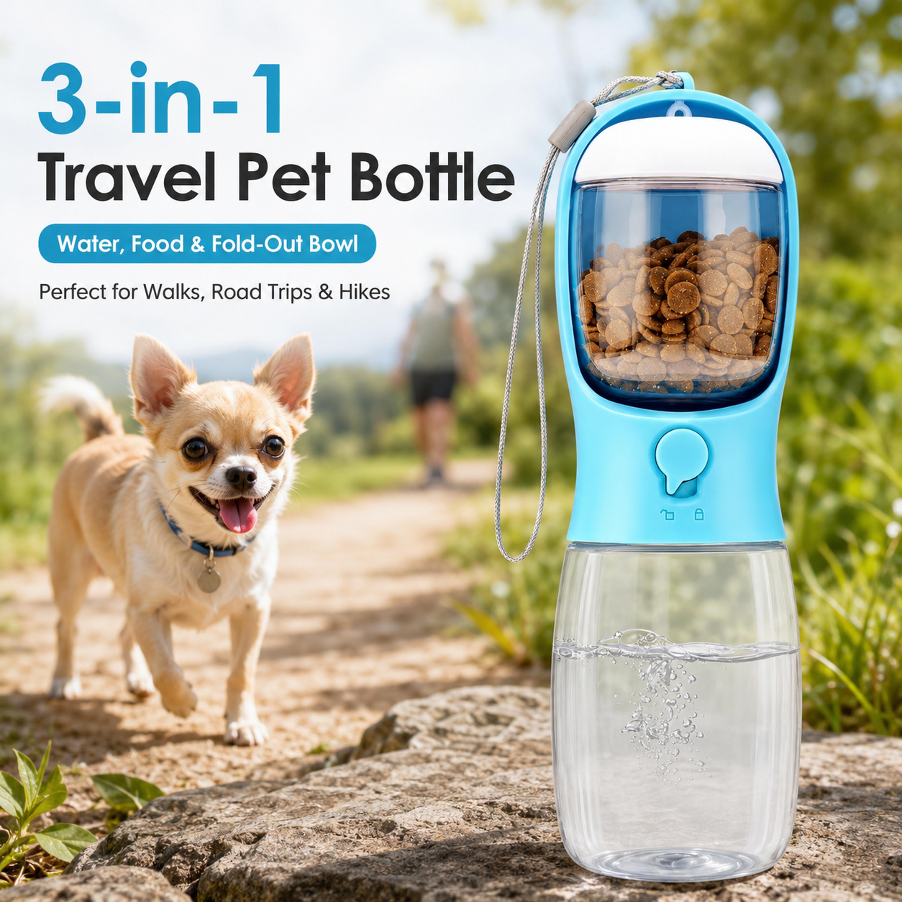 portable pet travel water bottle & food dispenser 3 n 1 leakproof bowl
