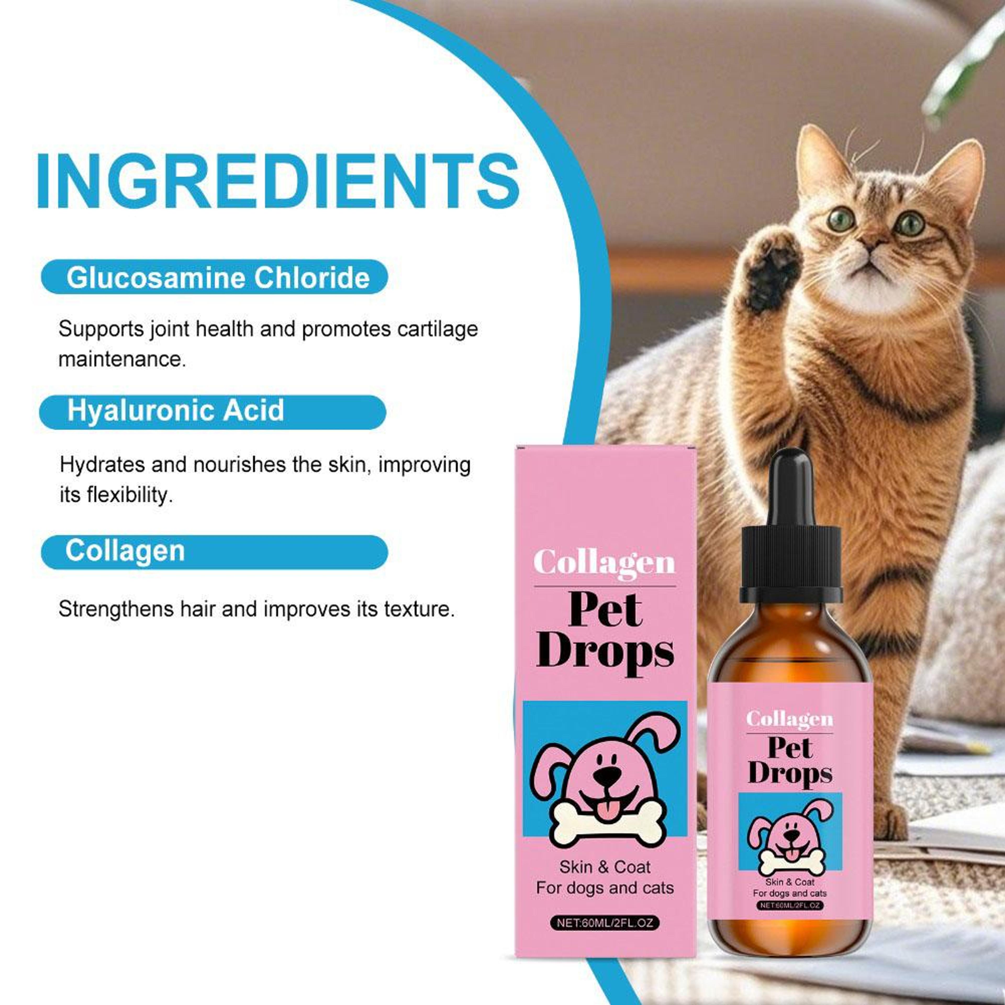 advanced pet collagen drops 60ml liquid skin & coat supplement for dogs & cats