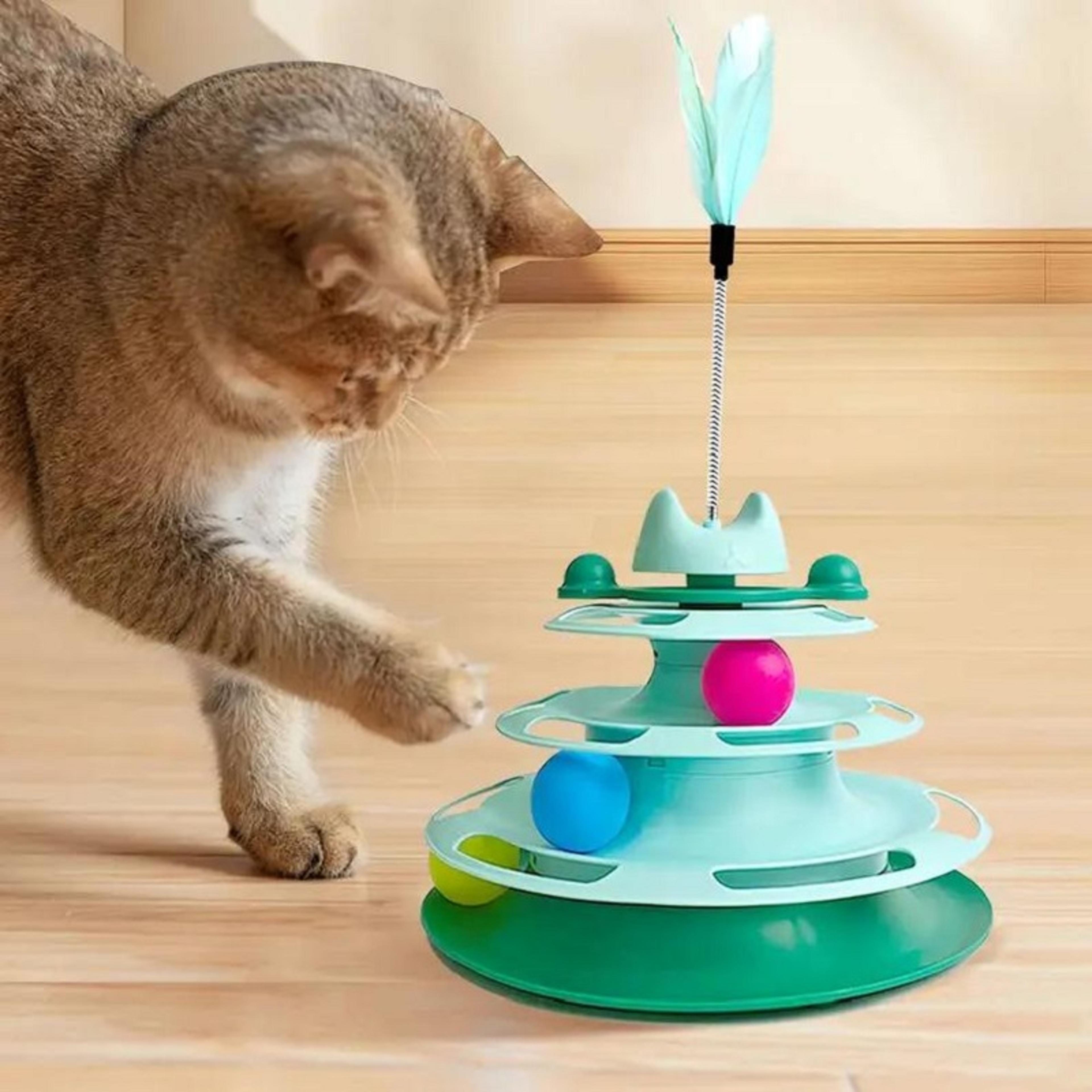 interactive cat tower track toy with feather teaser & rolling balls for indoor cats
