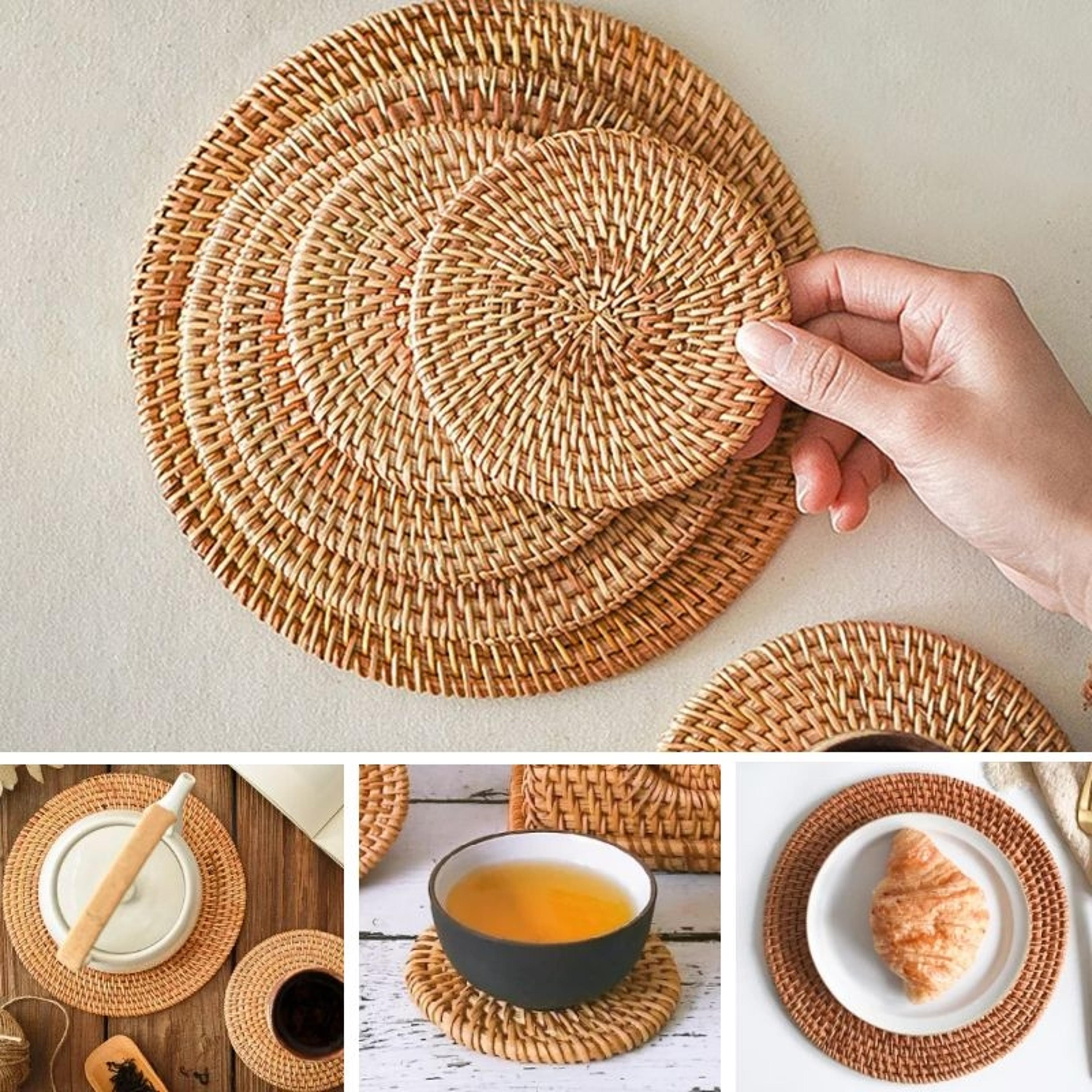 circular natural rattan cup mat: hand-woven hot insulation placemats for kitchen decoration