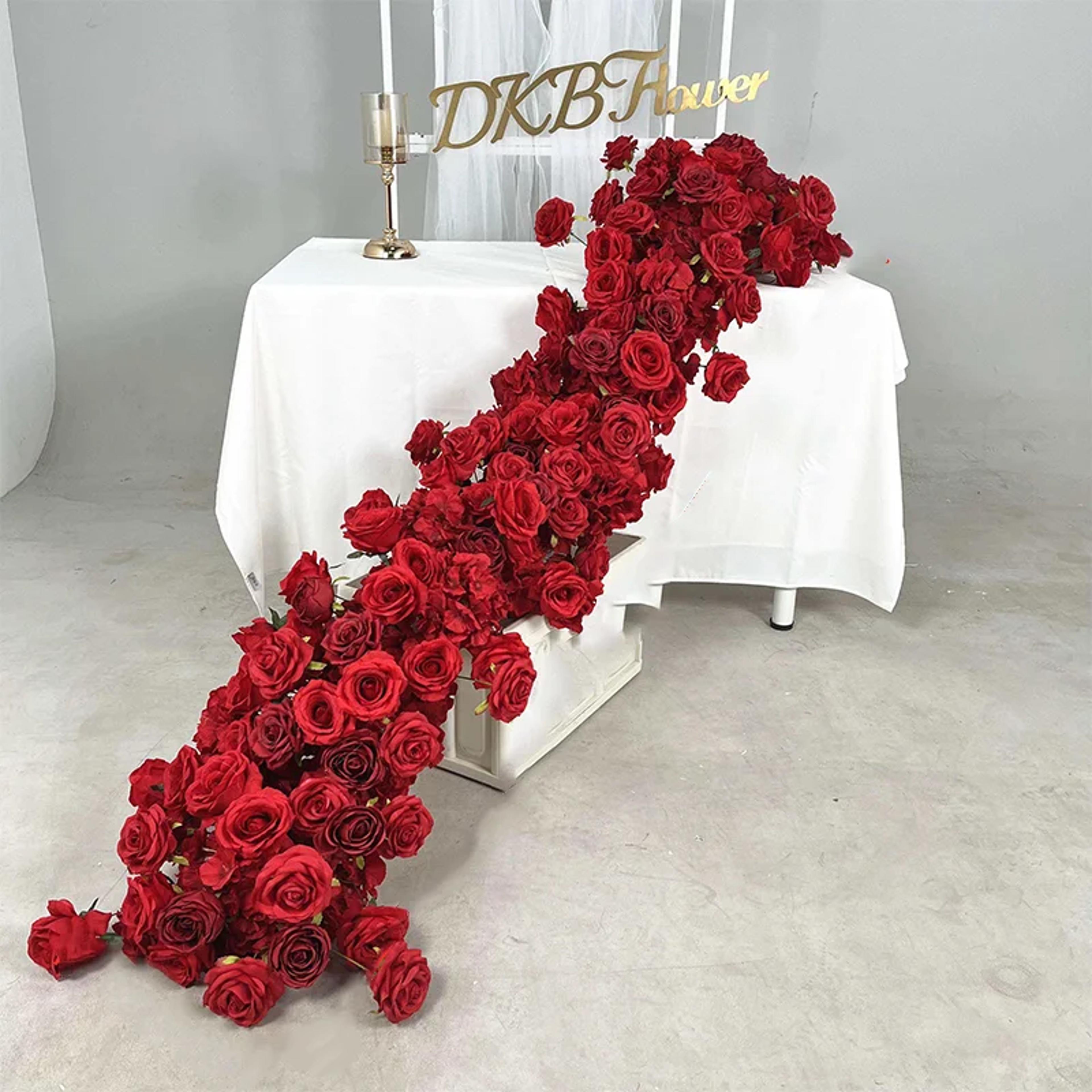 red rose artificial green plants, wedding backdrop floral wall, flower row runner, party showcase props, center flower