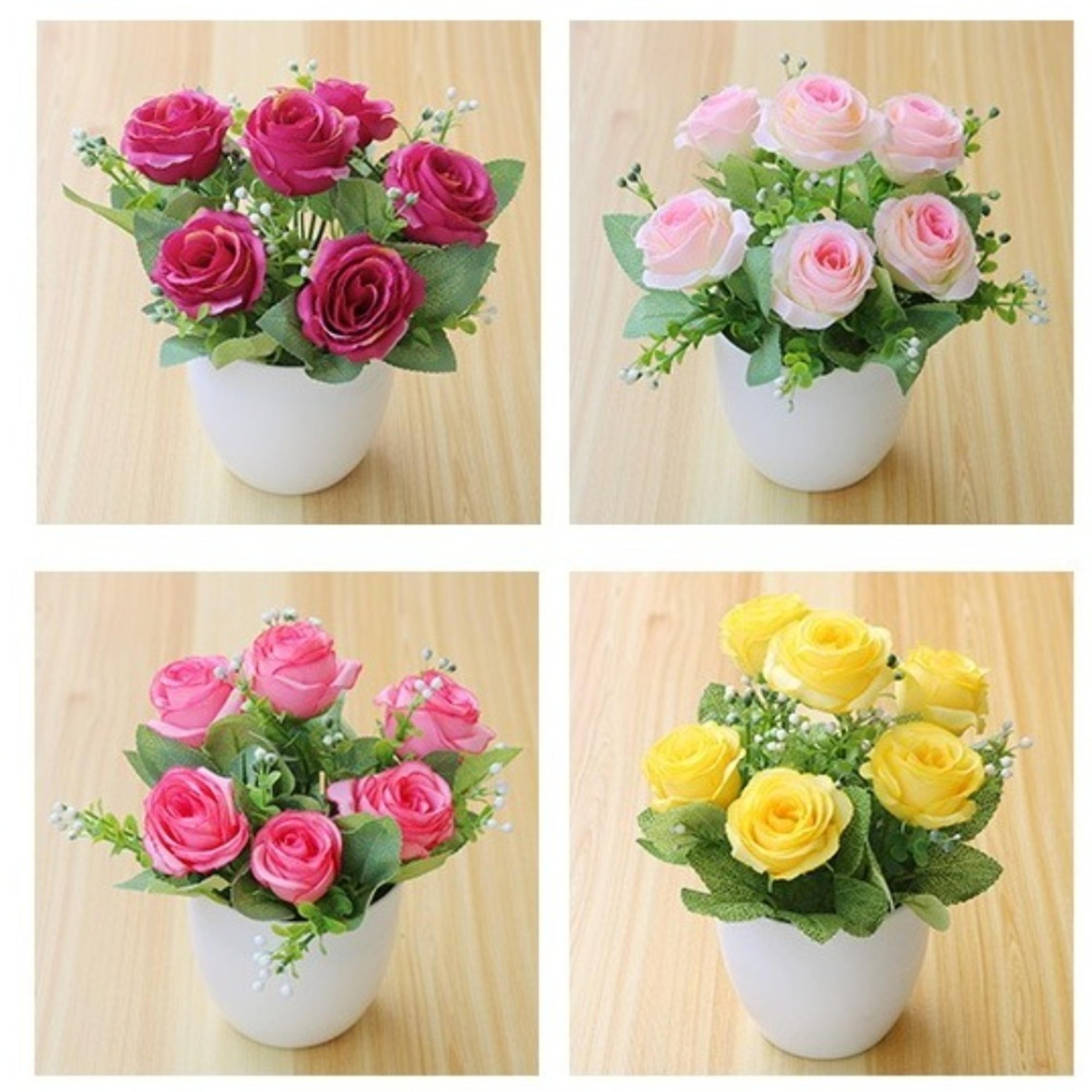 mini rose artificial potted plant, faux flower bonsai, multicolor fake plants, plastic wedding arrangement ornament