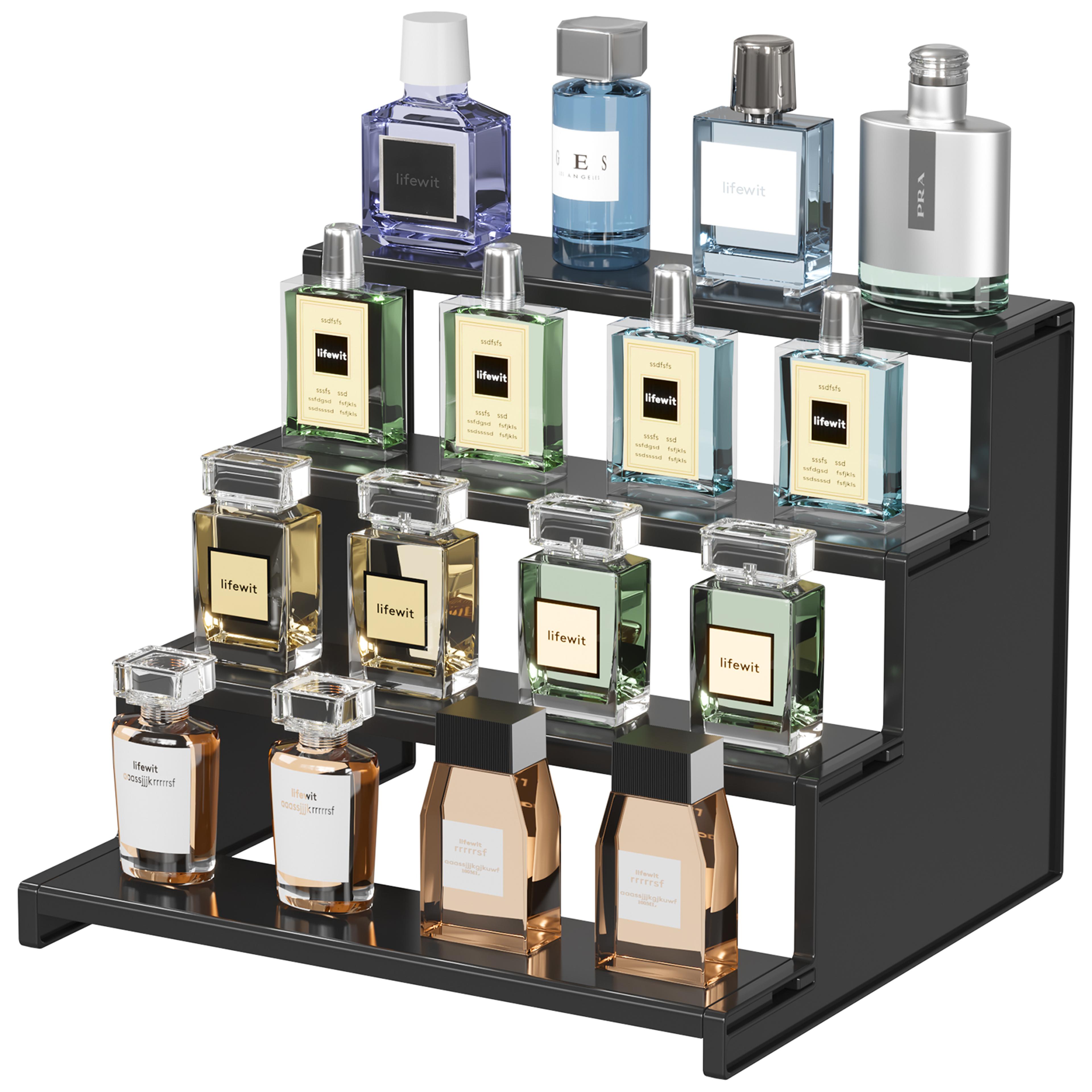 dark cologne stand, tool-free step perfume organizer, display shelf for fragrance, skincare, figurine, dessert elegant