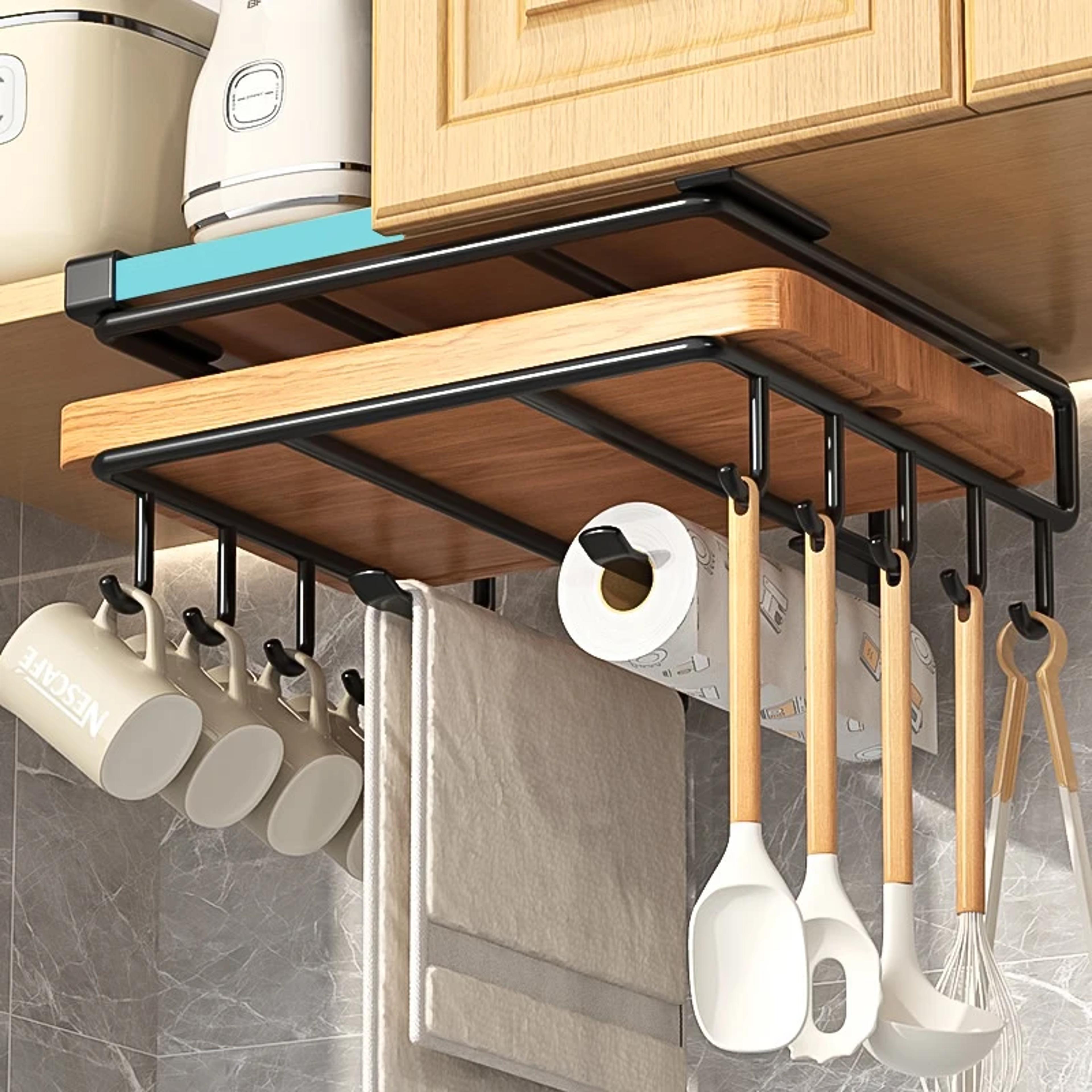 kitchen hanging organizer rack multifunctional shelf with hooks for paper towels, cutting boards, pot covers & more
