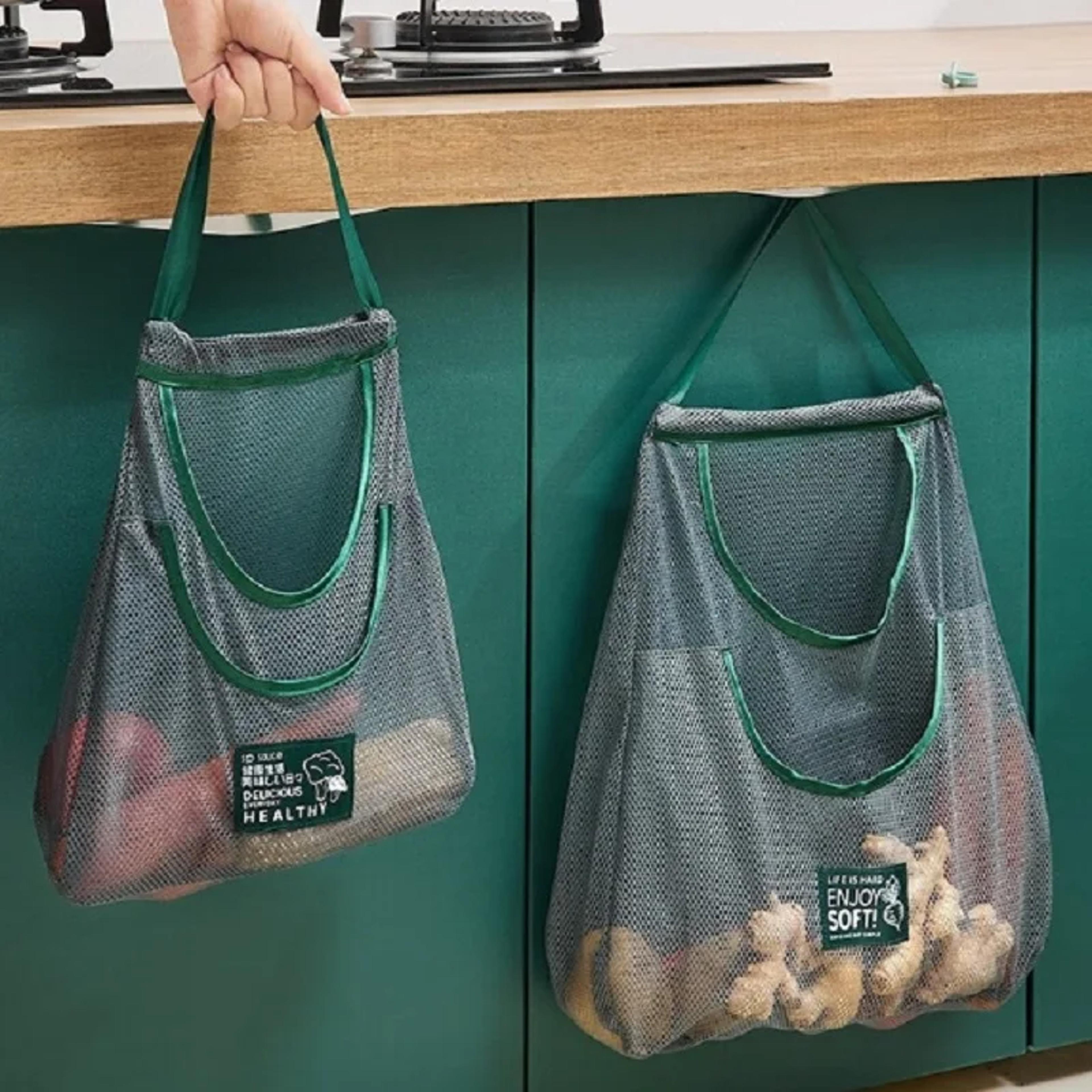 reusable kitchen storage bags hanging mesh net bag for fruit, vegetables, ginger, garlic, and potatoes