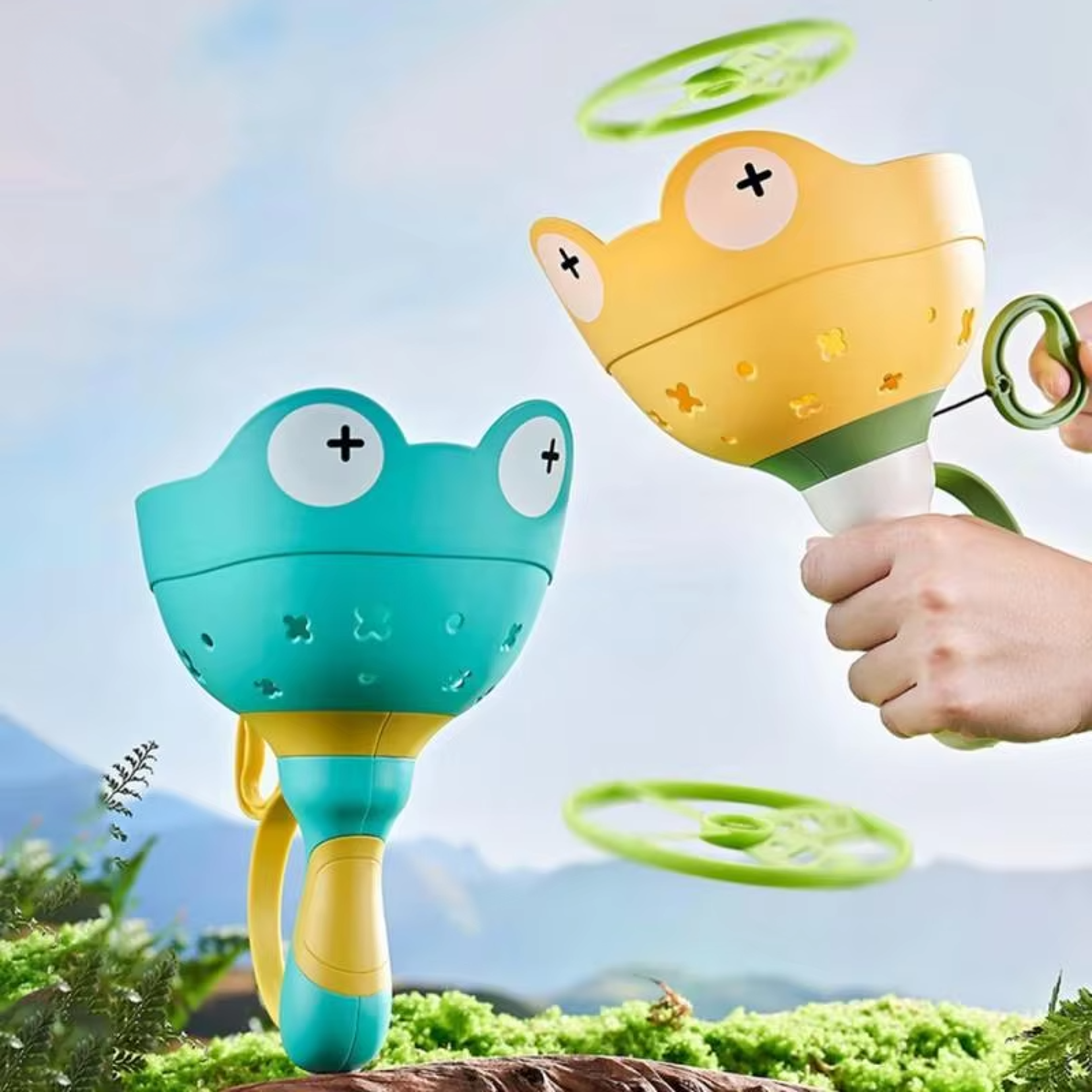 frog flying disc launcher toy for kids outdoor pull string catch game