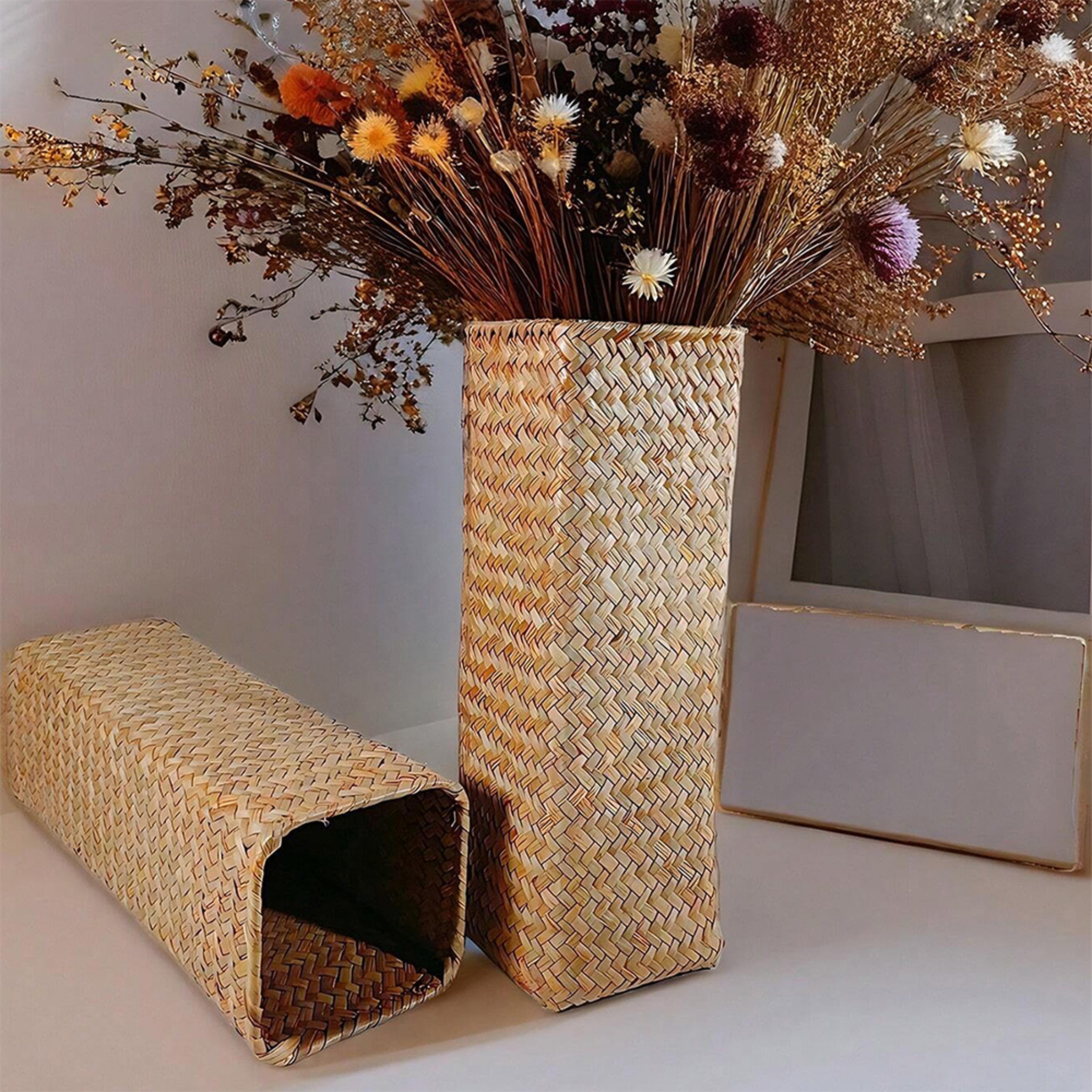handwoven rattan vase basket for dried flowers and boho home decor