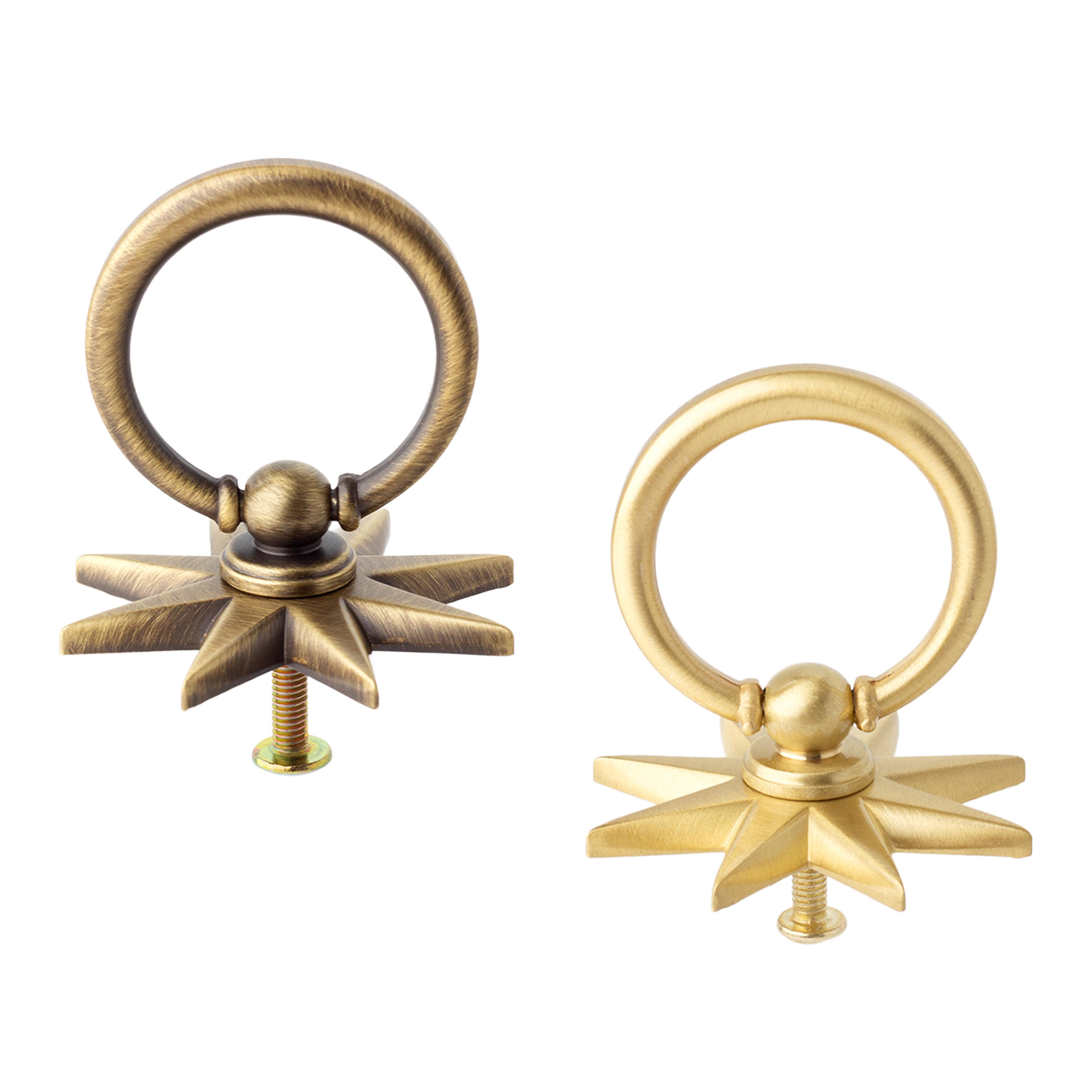 antique brass star ring pulls solid brass cabinet knobs