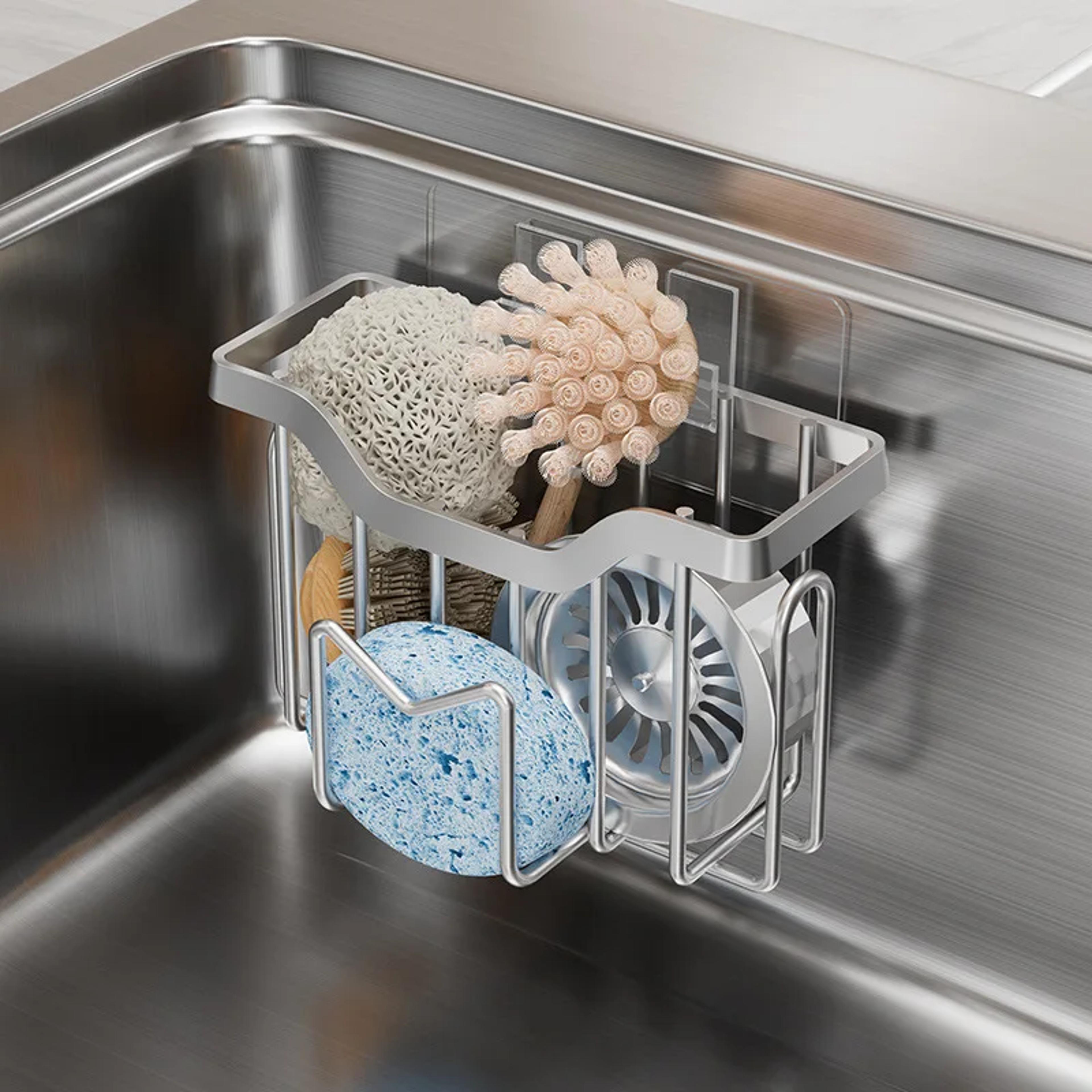 premium stainless steel sink caddy organizer with sponge & brush holder