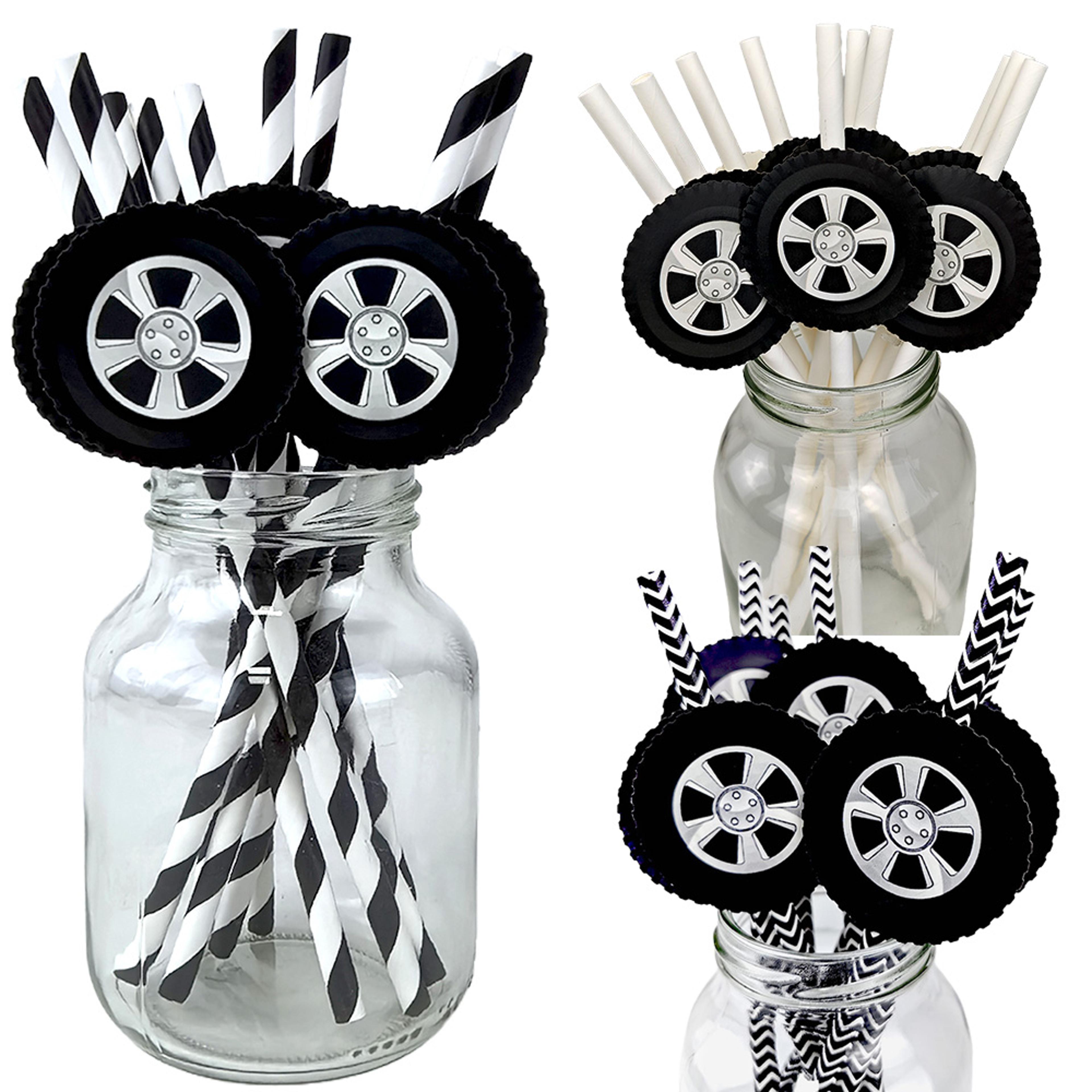 racing wheel tire paper straws for race car birthday party decor