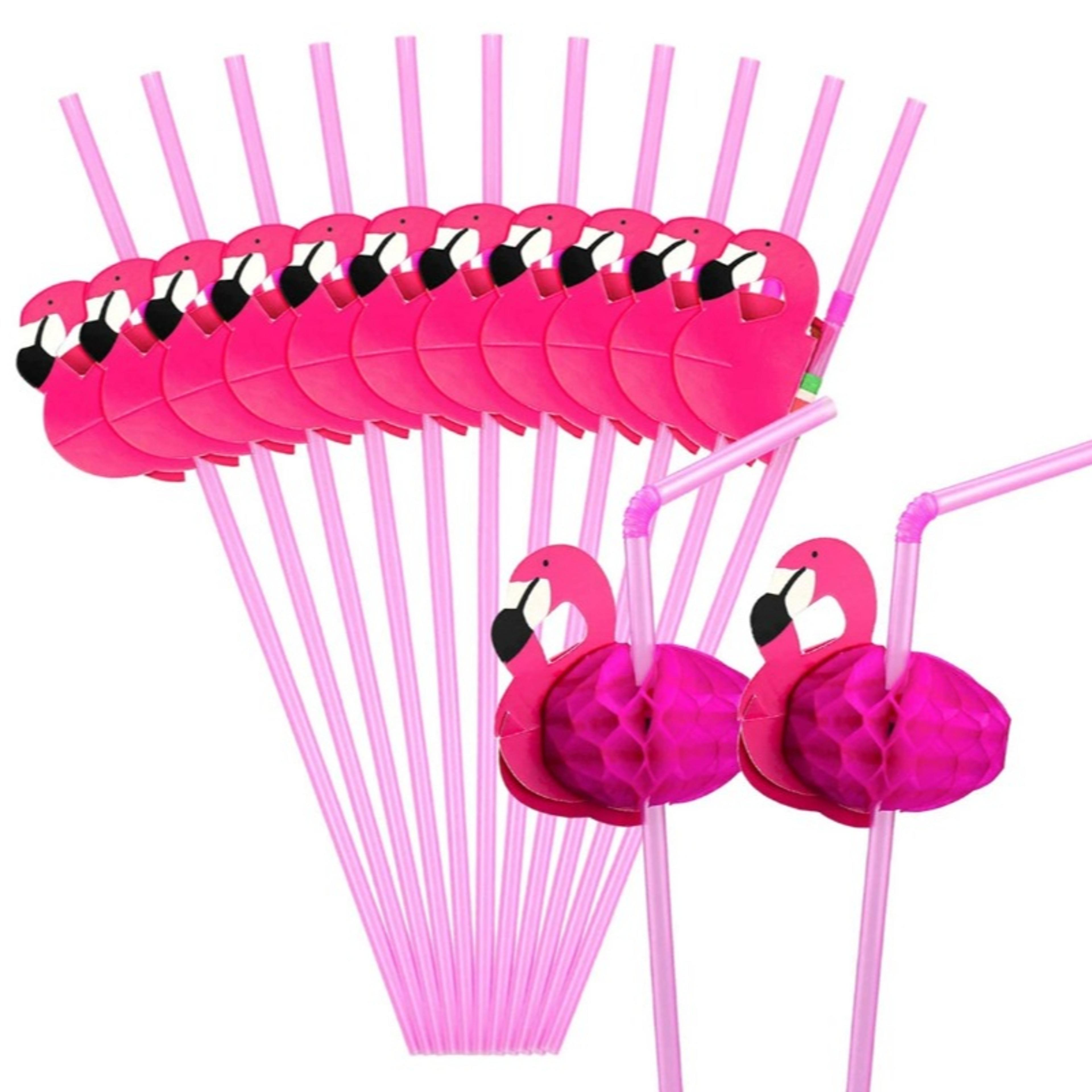 tropical flamingo drink straws set with cocktail umbrella