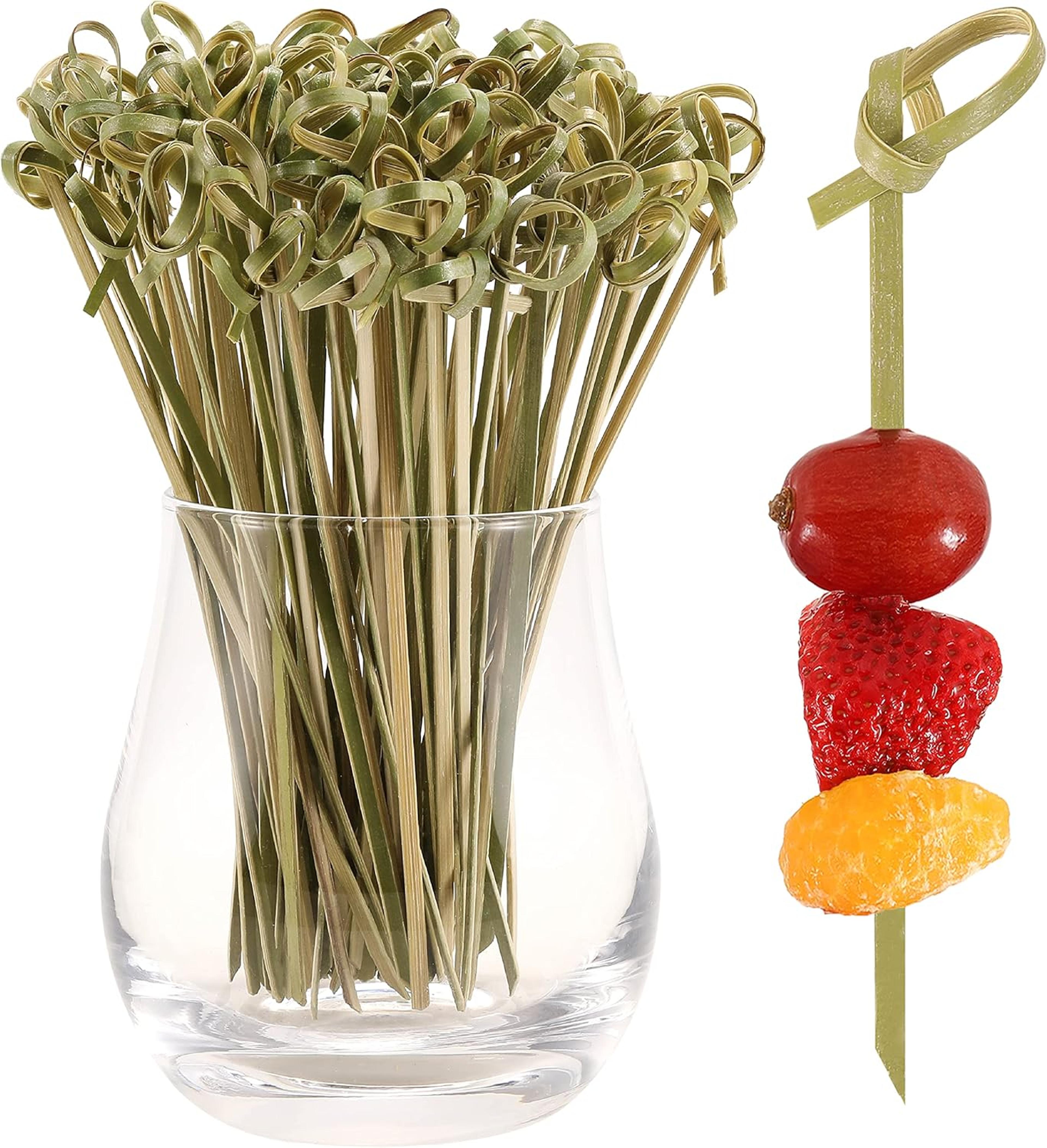 natural bamboo cocktail picks & knot skewers garnish sticks for drinks, fruit, charcuterie