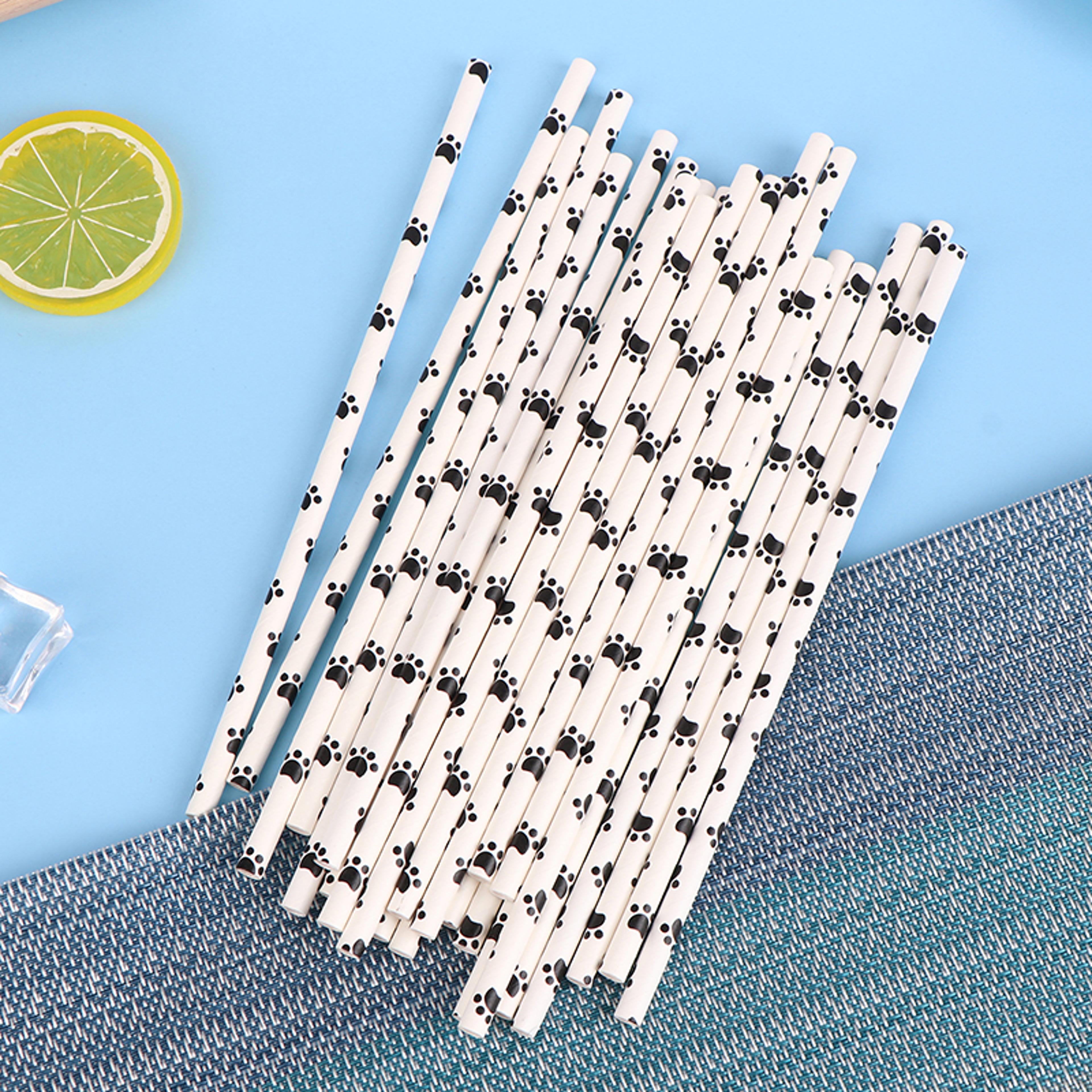 paw print paper straws black and white pet theme party supplies biodegradable dog birthday decorations