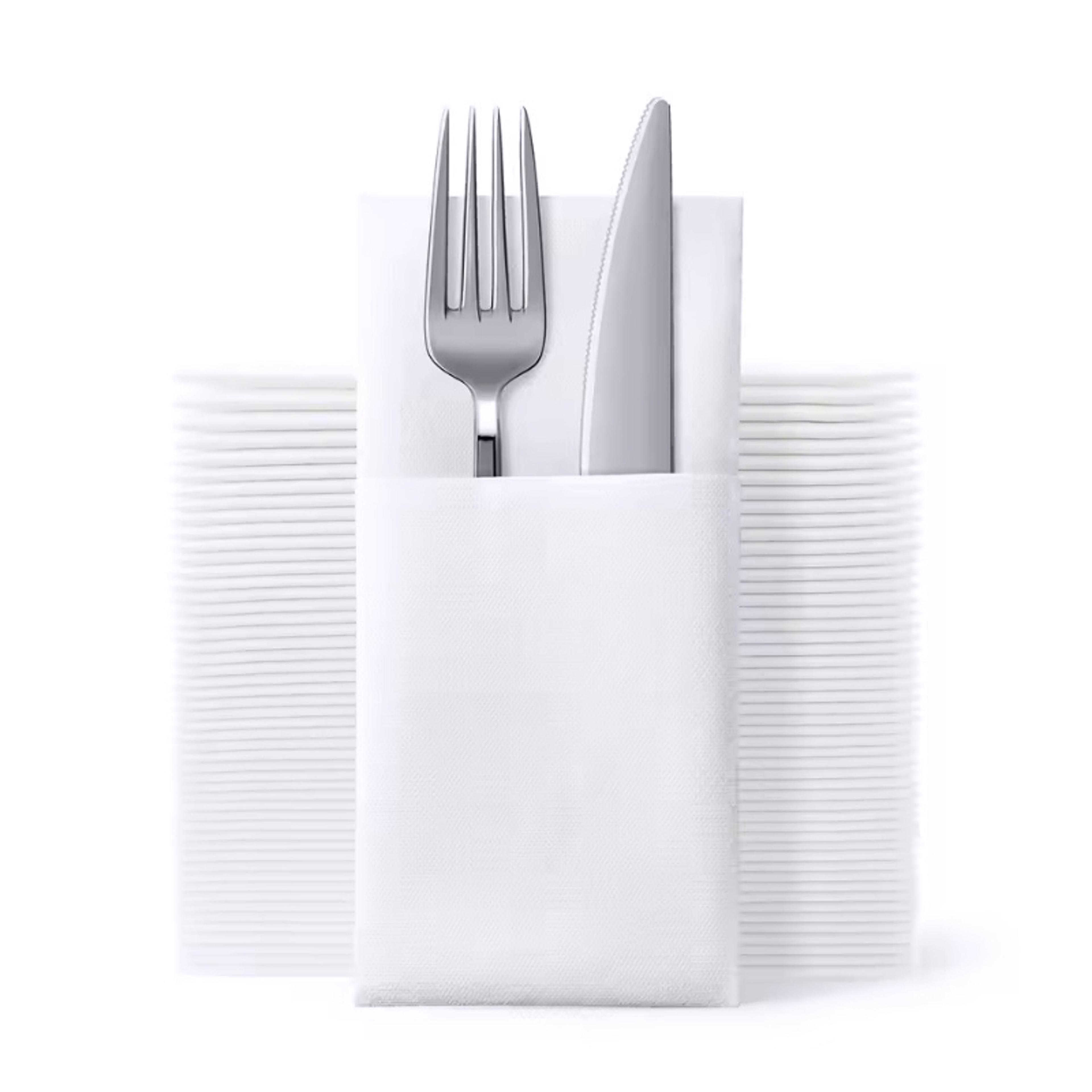 white disposable cutlery napkins with flatware pocket