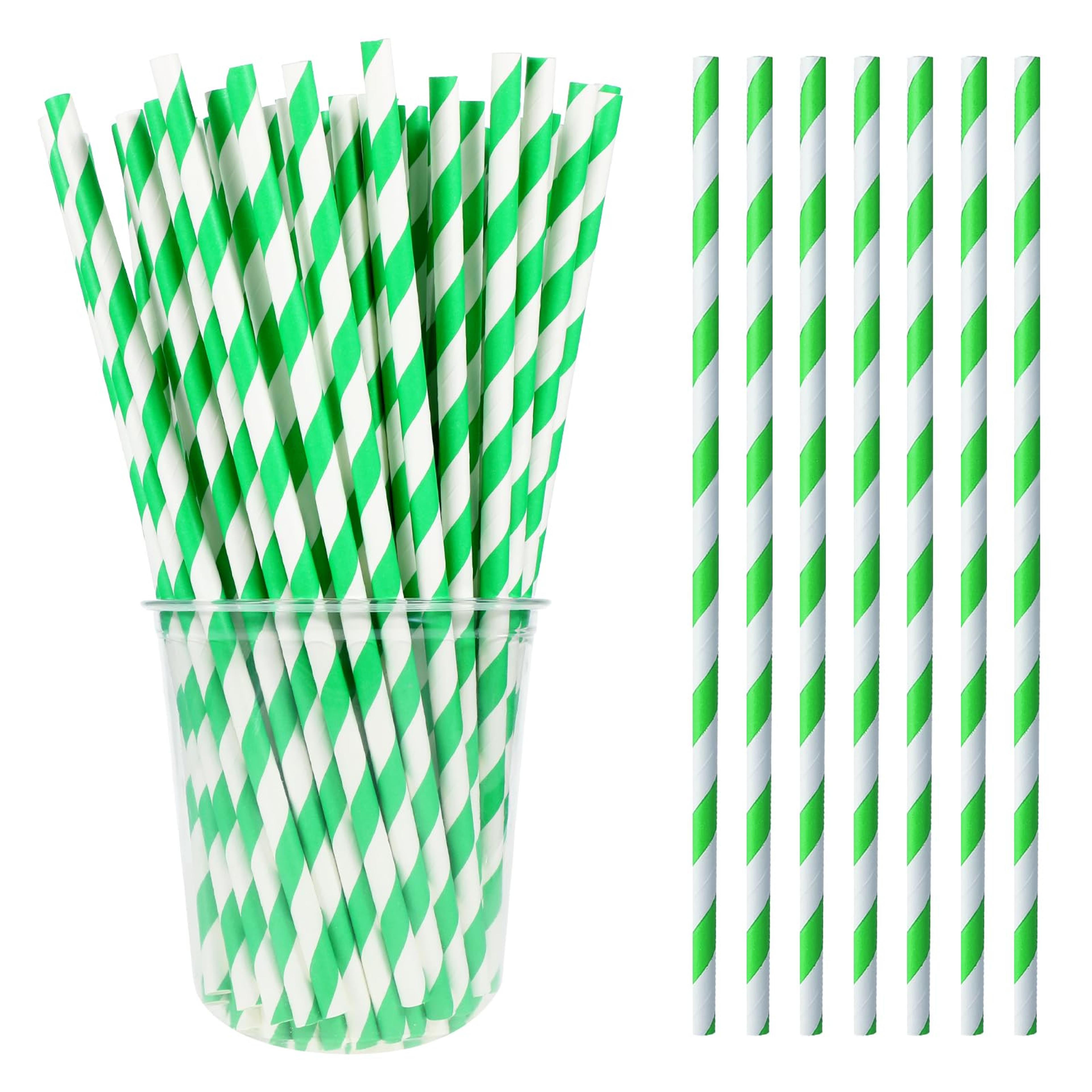 green & white striped paper straws for parties, drinks & holiday decor