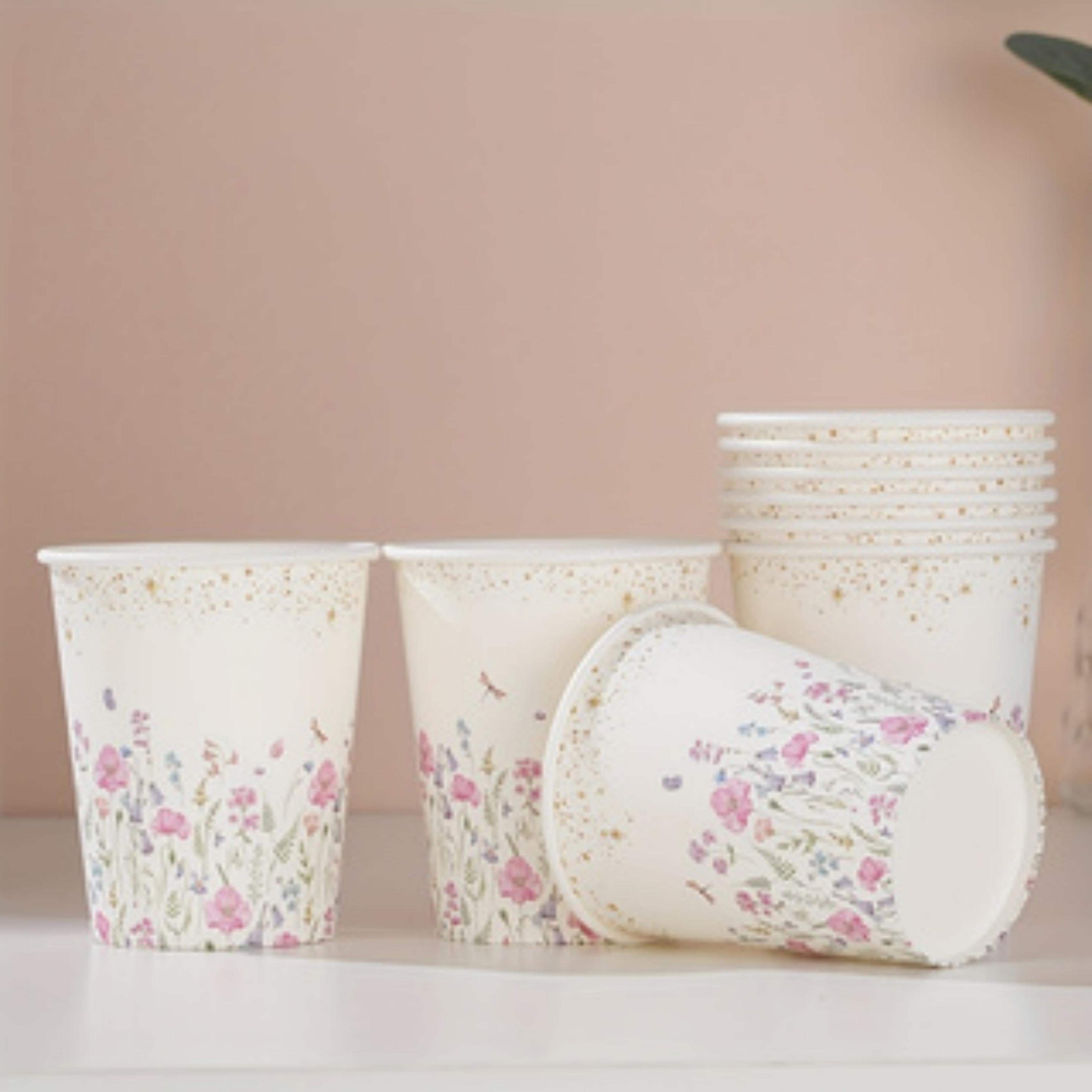 white floral paper cups for garden parties and spring celebrations