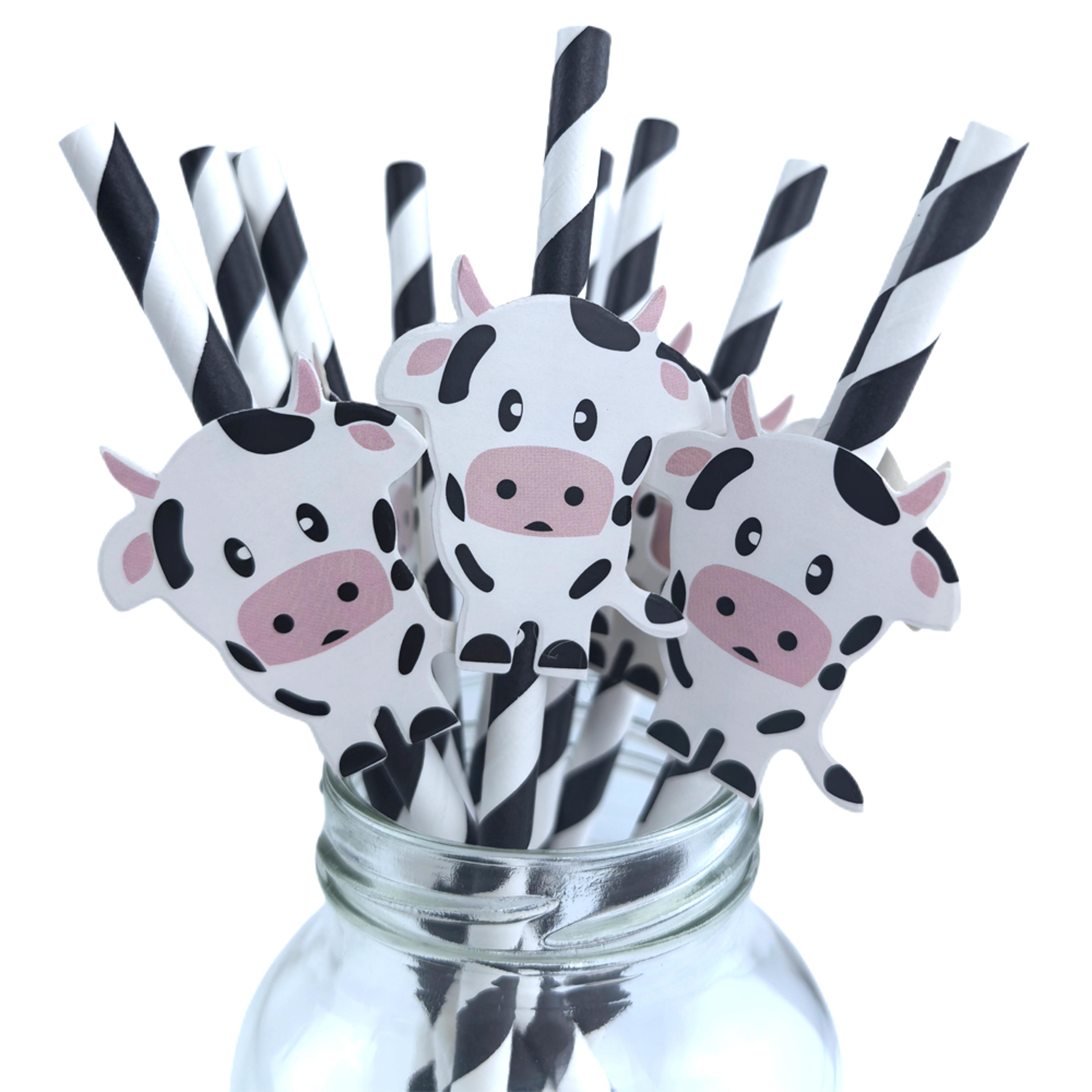 cow print straws for farm birthday party supplies and barnyard decor